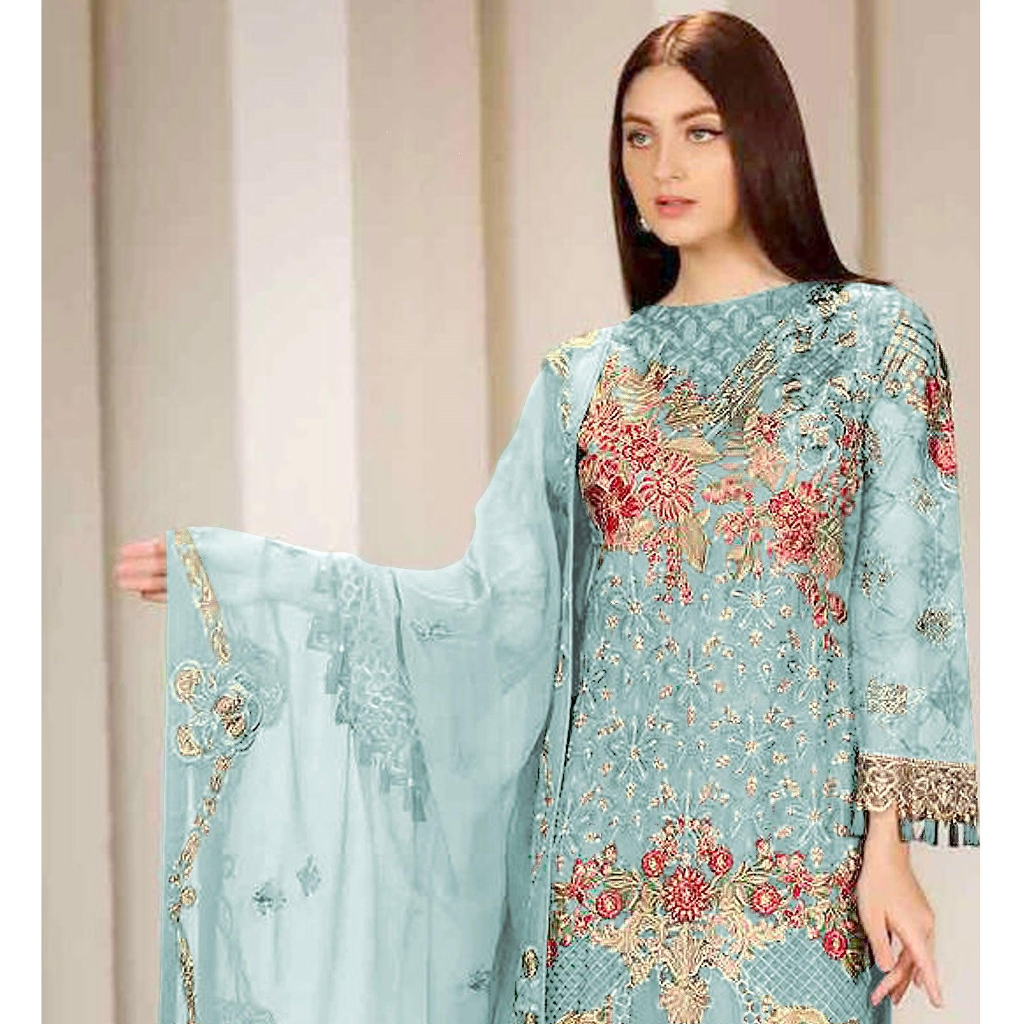 Sky Blue Embroidered Georgette Pakistani Suit - Peachmode