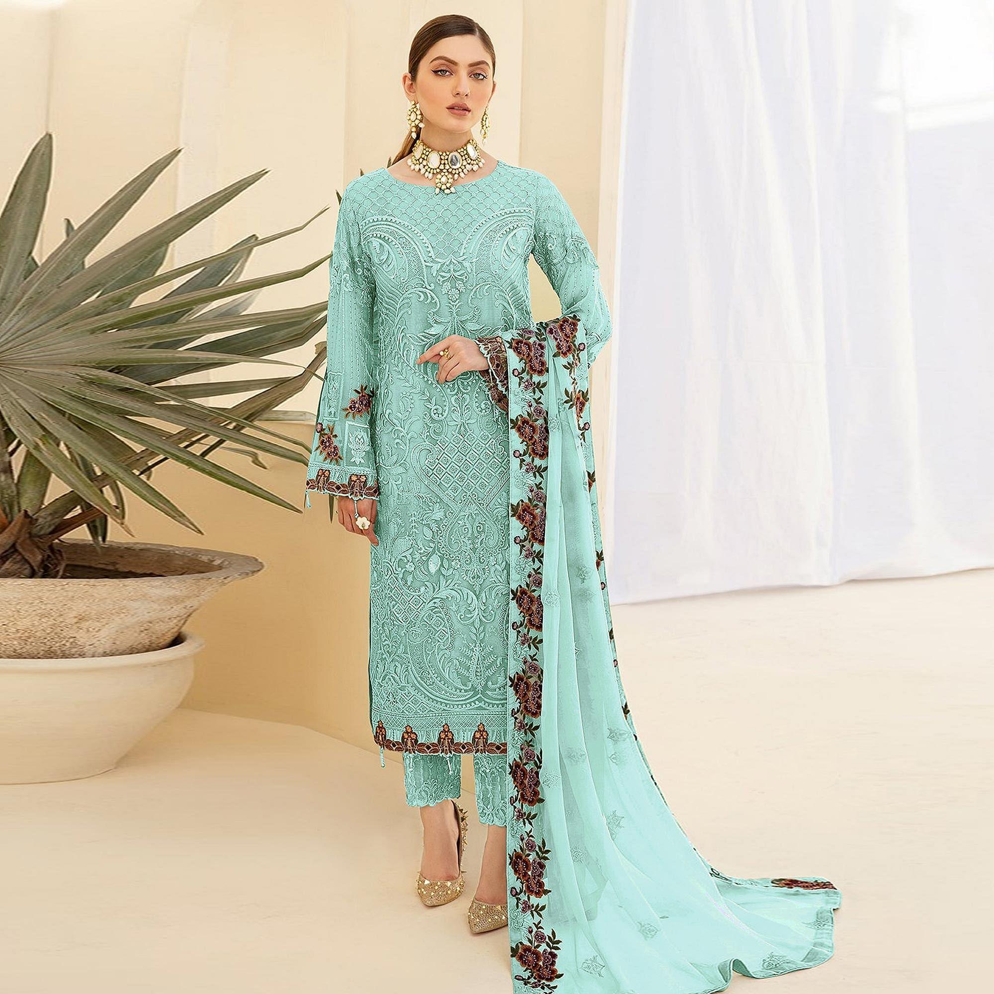 Sky Blue Embroidered Georgette Pakistani Suit - Peachmode