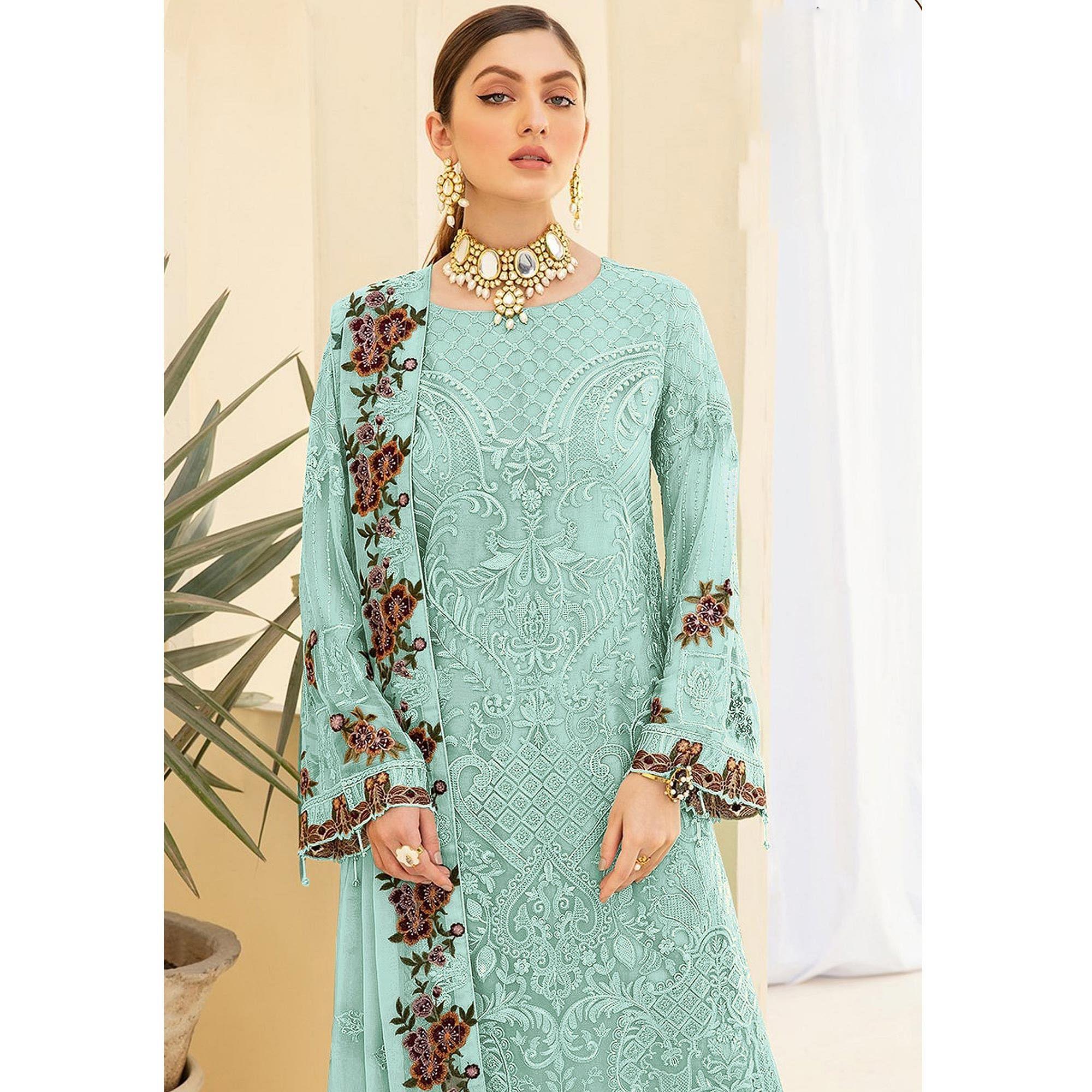 Sky Blue Embroidered Georgette Pakistani Suit - Peachmode