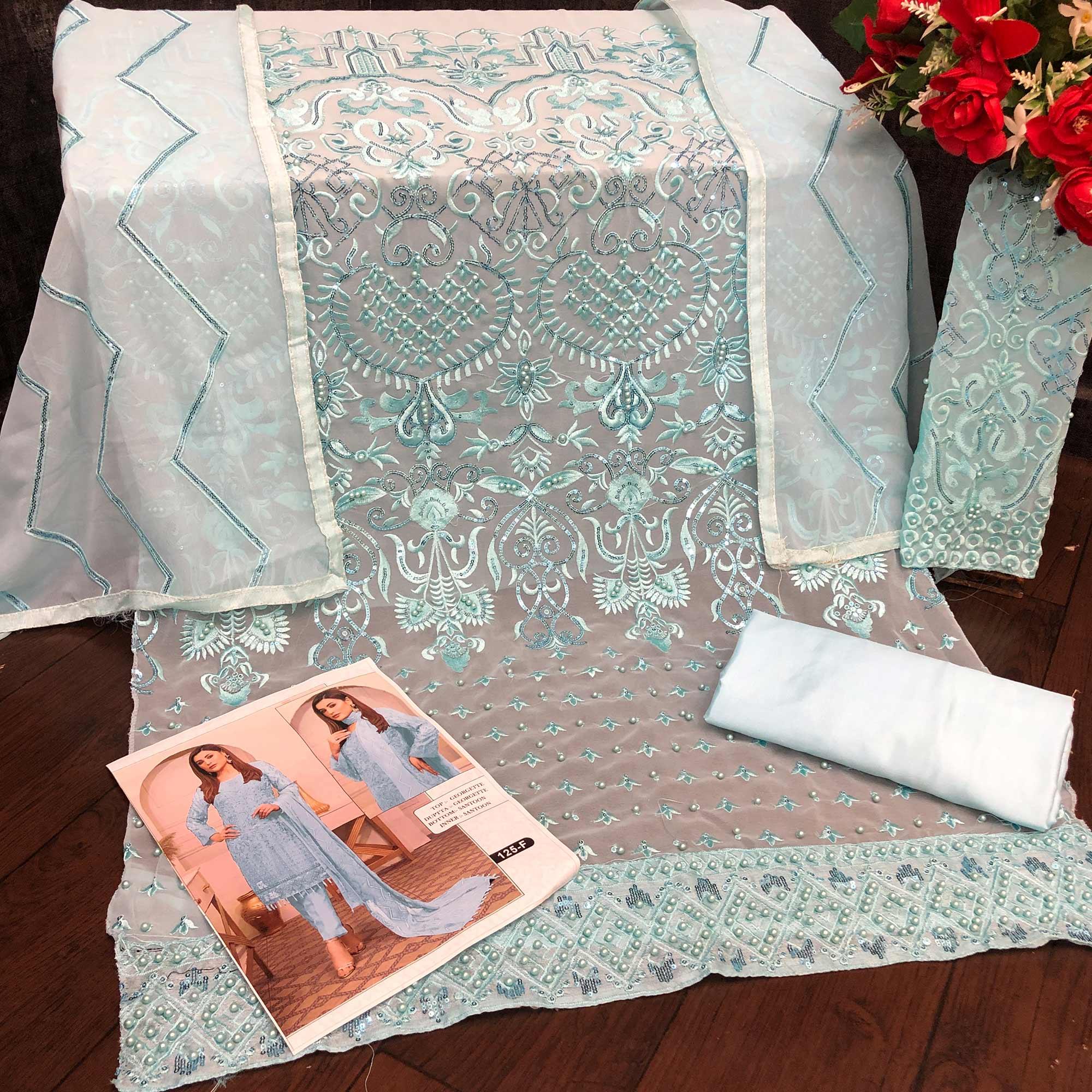 Sky Blue Embroidered Georgette Pakistani Suit - Peachmode