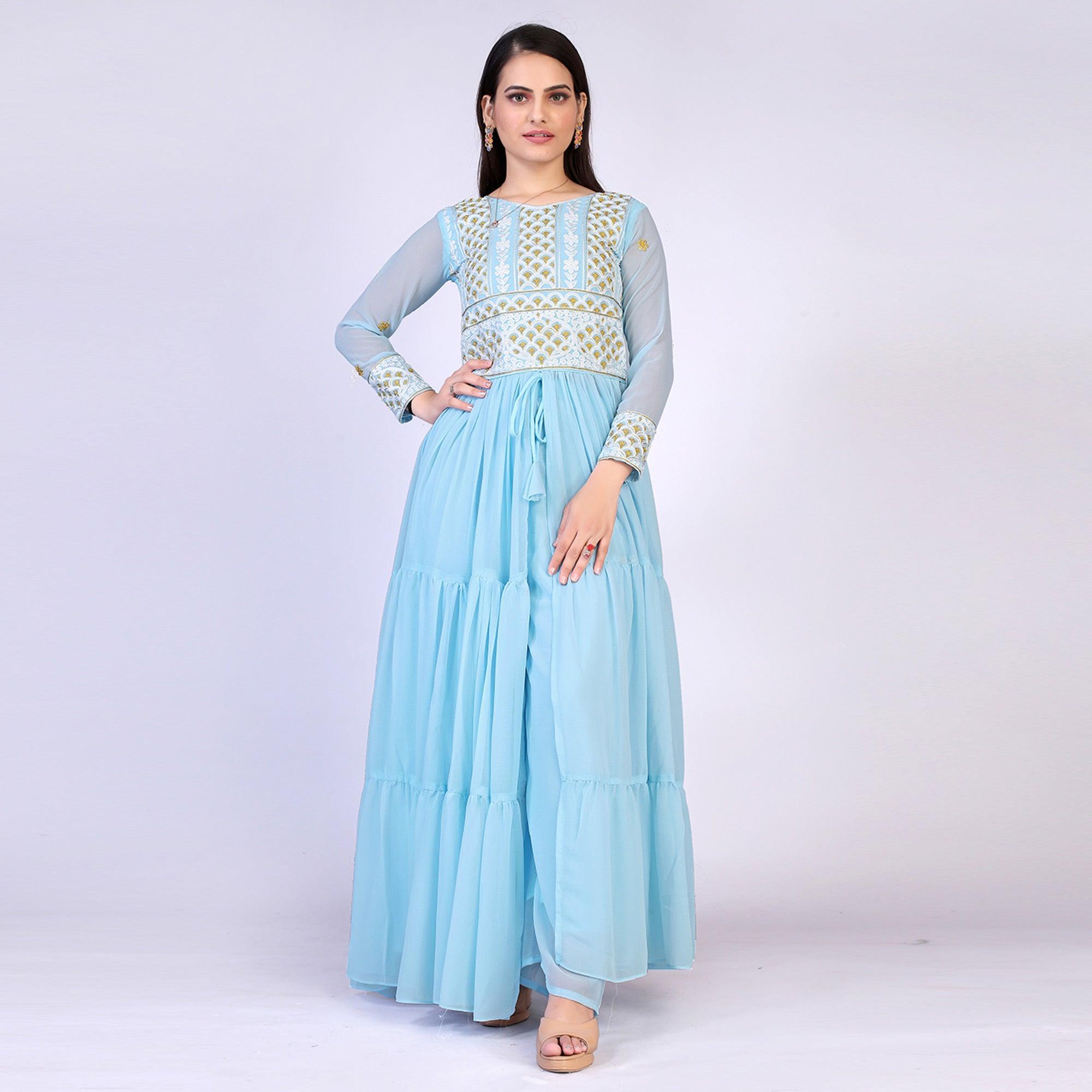 Sky Blue Embroidered Georgette Palazzo Suit - Peachmode