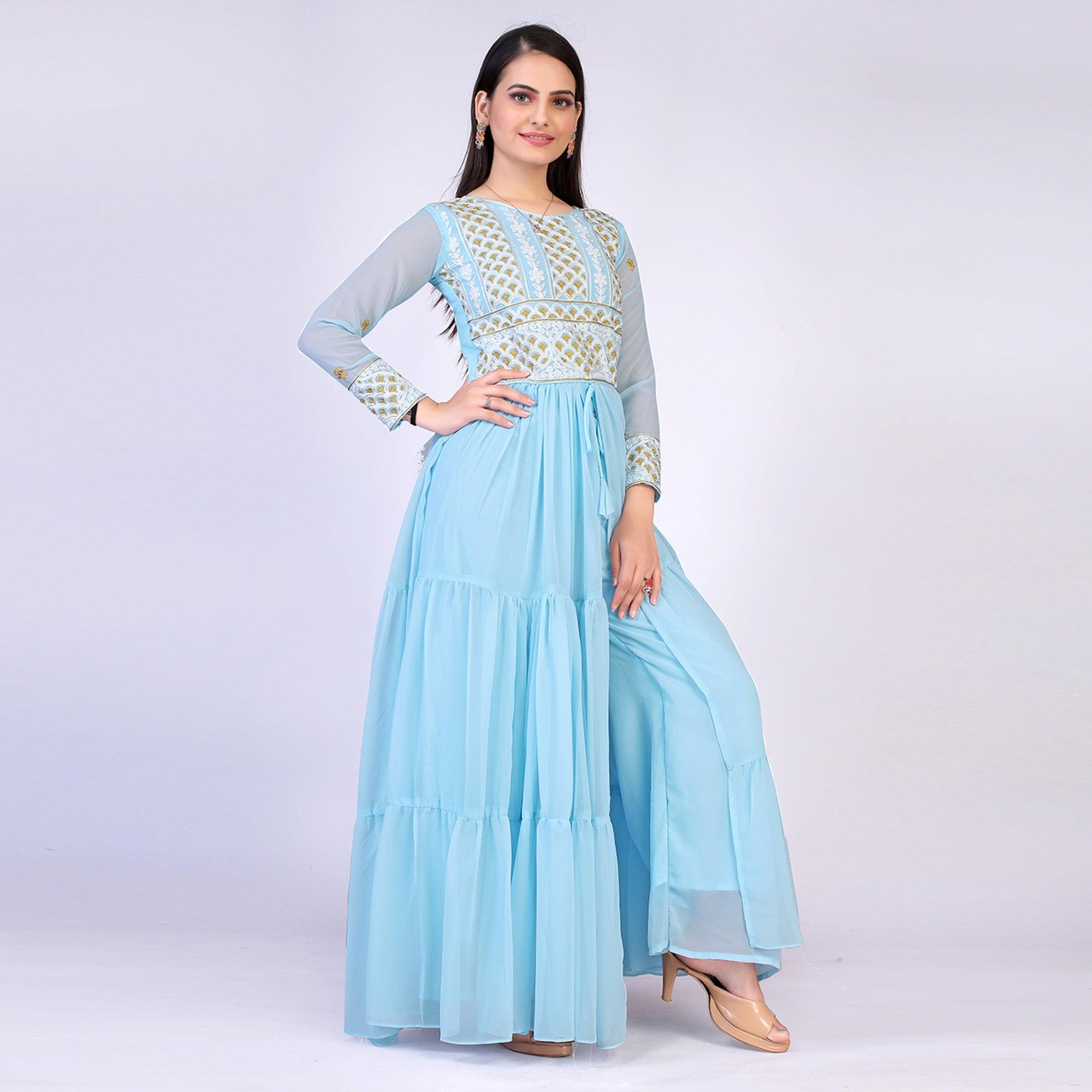 Sky Blue Embroidered Georgette Palazzo Suit - Peachmode