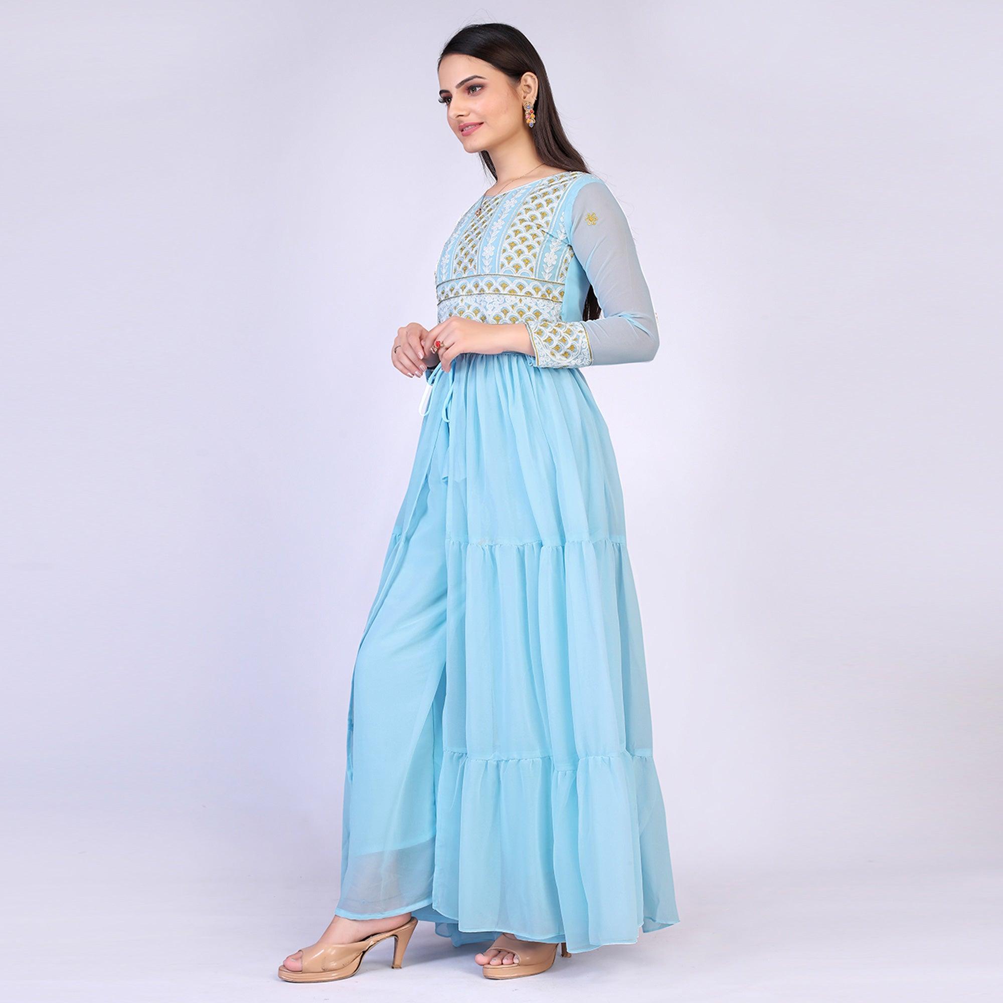 Sky Blue Embroidered Georgette Palazzo Suit - Peachmode