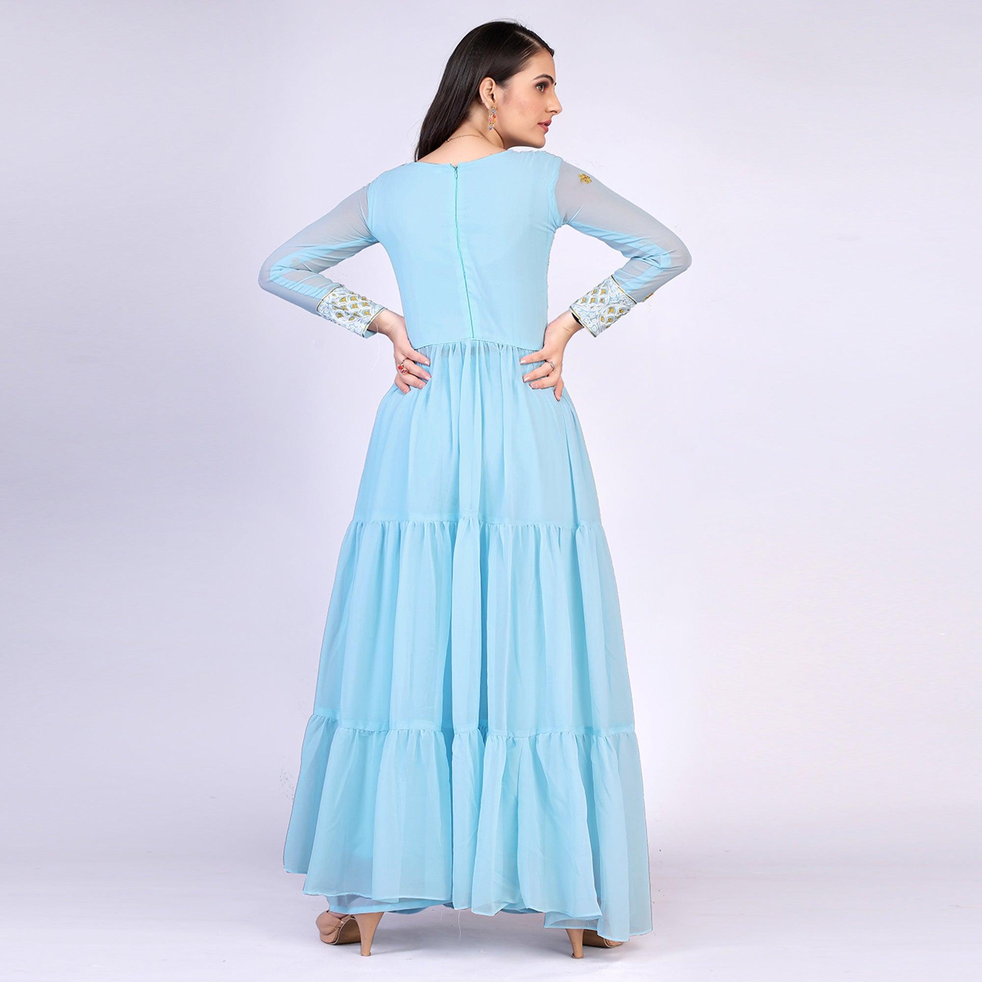 Sky Blue Embroidered Georgette Palazzo Suit - Peachmode