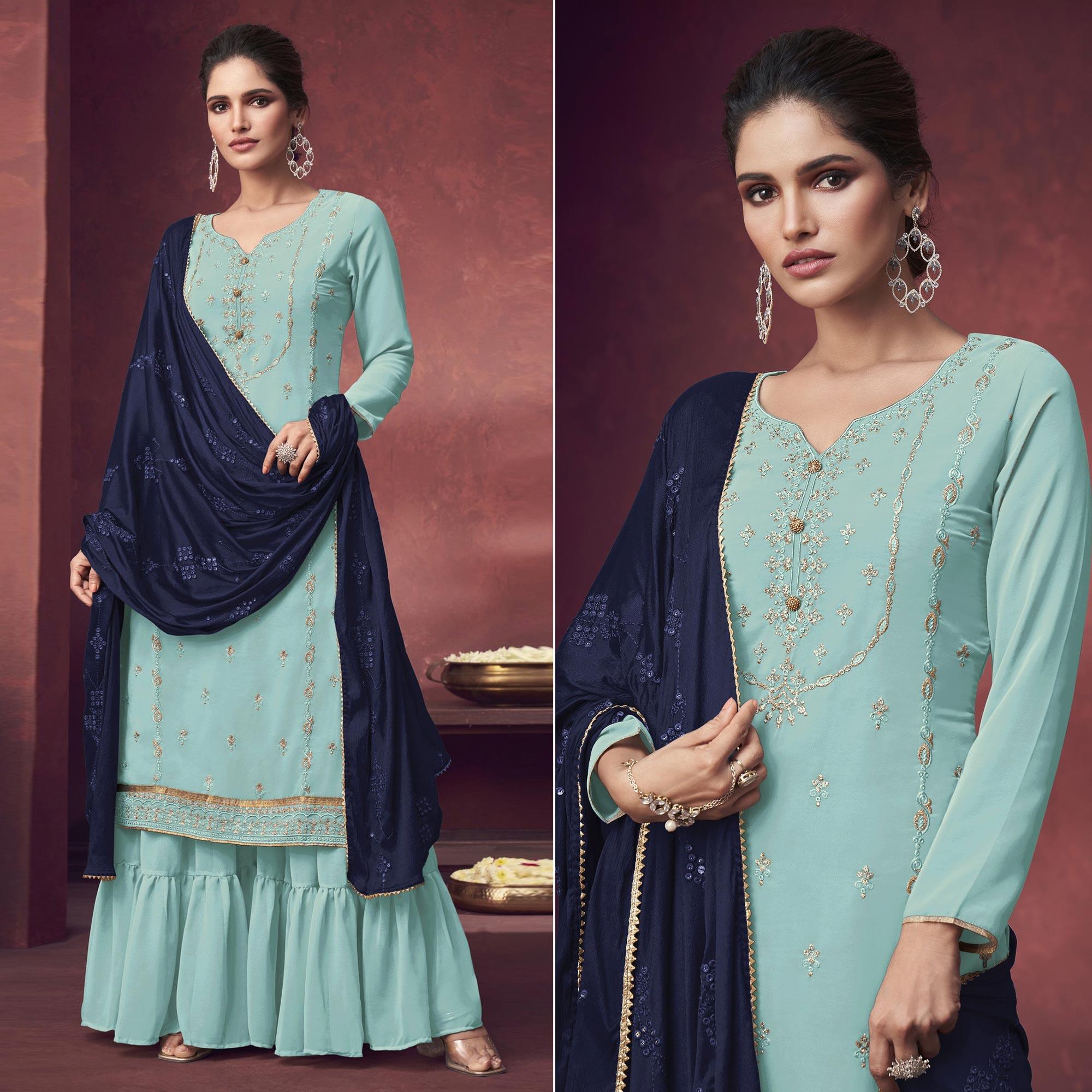 Sky Blue Embroidered Georgette Sharara Suit - Peachmode