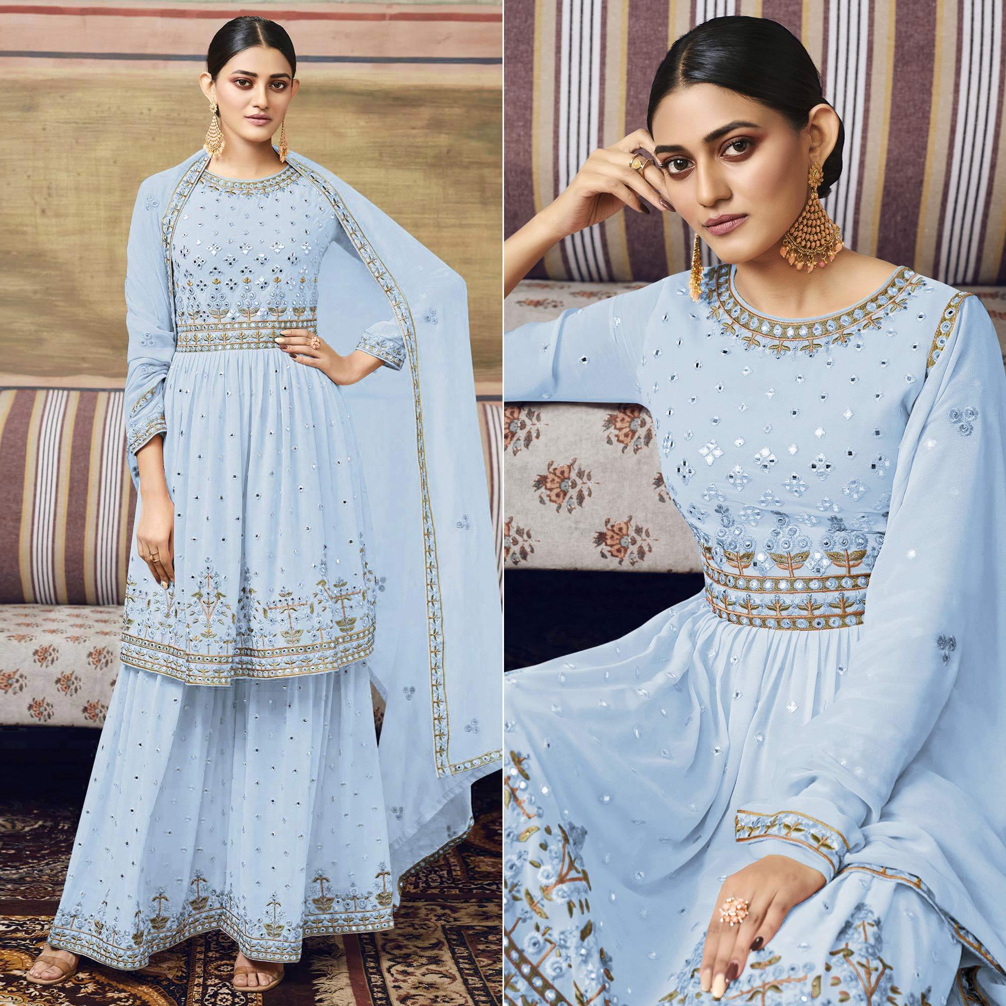 Sky Blue Embroidered Georgette Sharara Suit - Peachmode