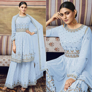Sky Blue Embroidered Georgette Sharara Suit - Peachmode