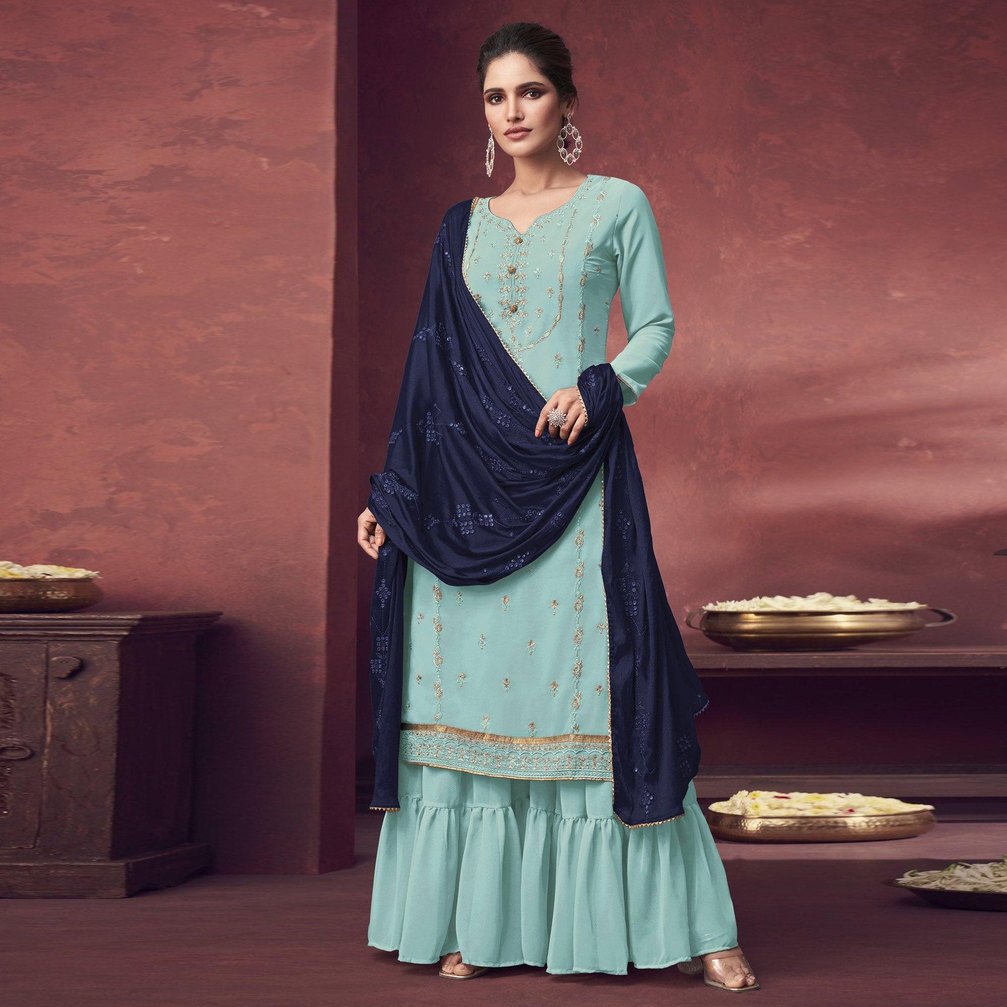 Sky Blue Embroidered Georgette Sharara Suit - Peachmode