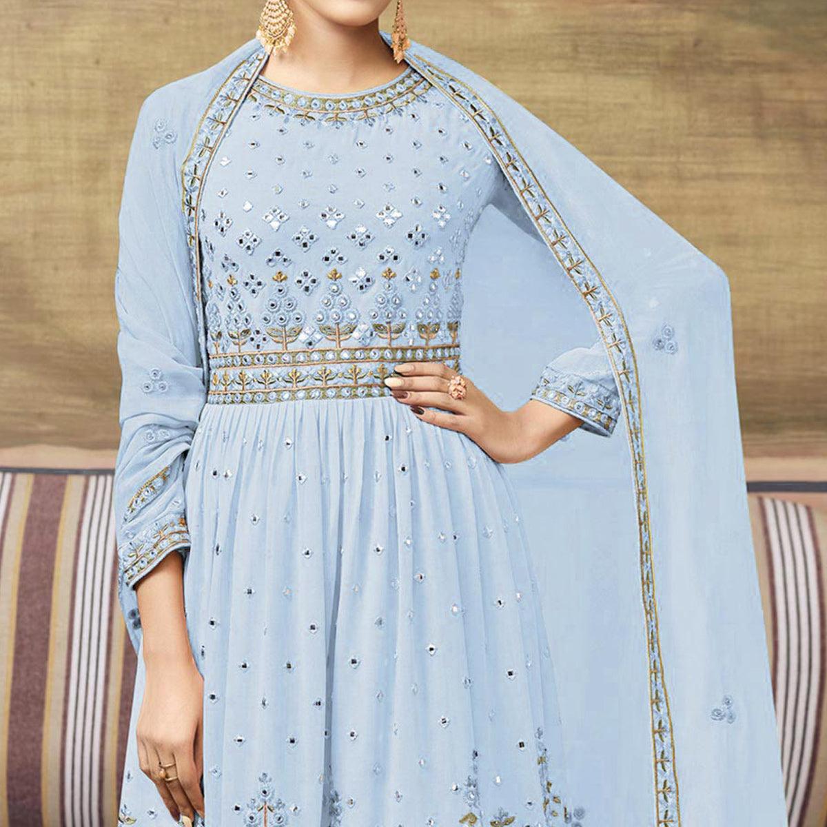 Sky Blue Embroidered Georgette Sharara Suit - Peachmode