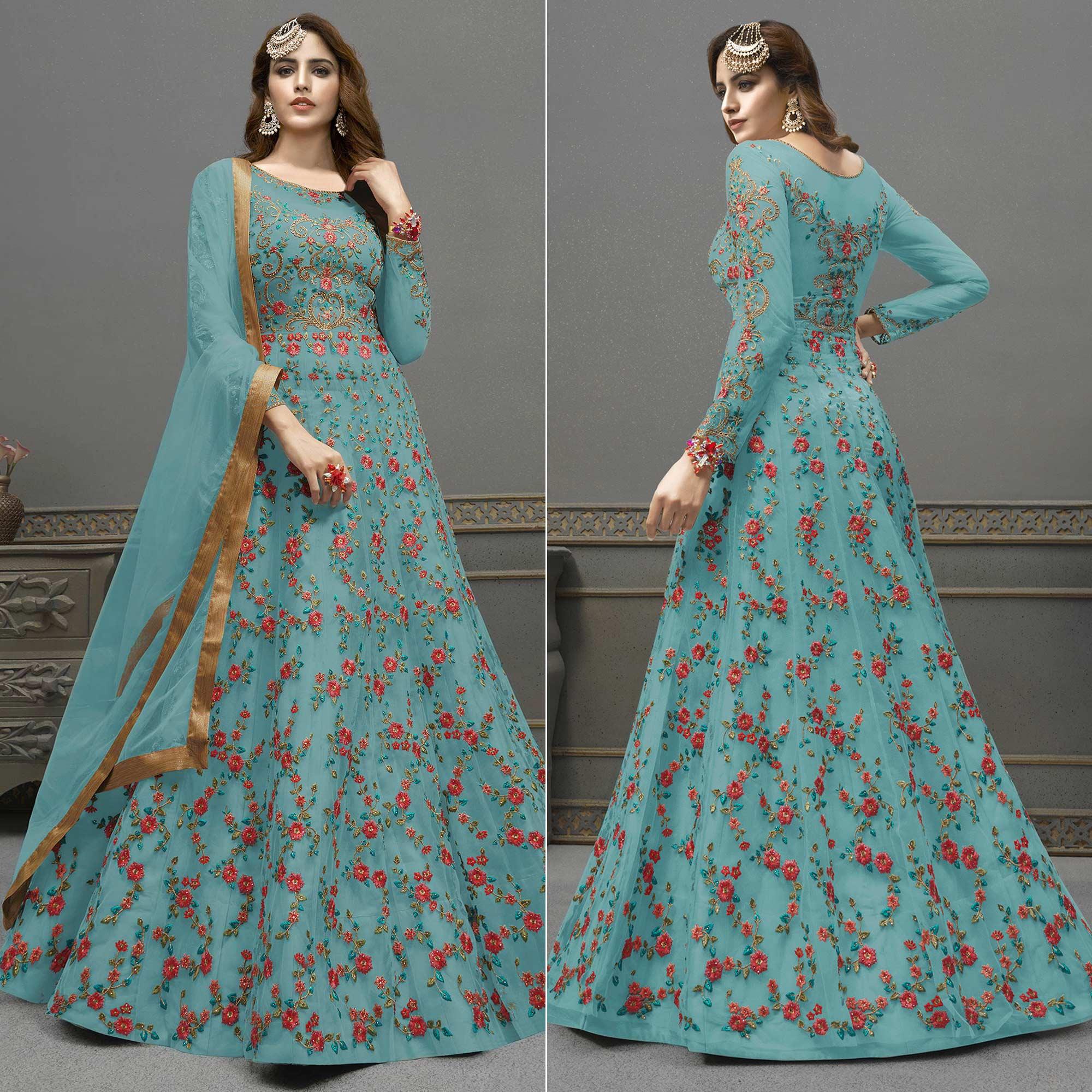 Sky Blue Embroidered Netted Anarkali Suit - Peachmode