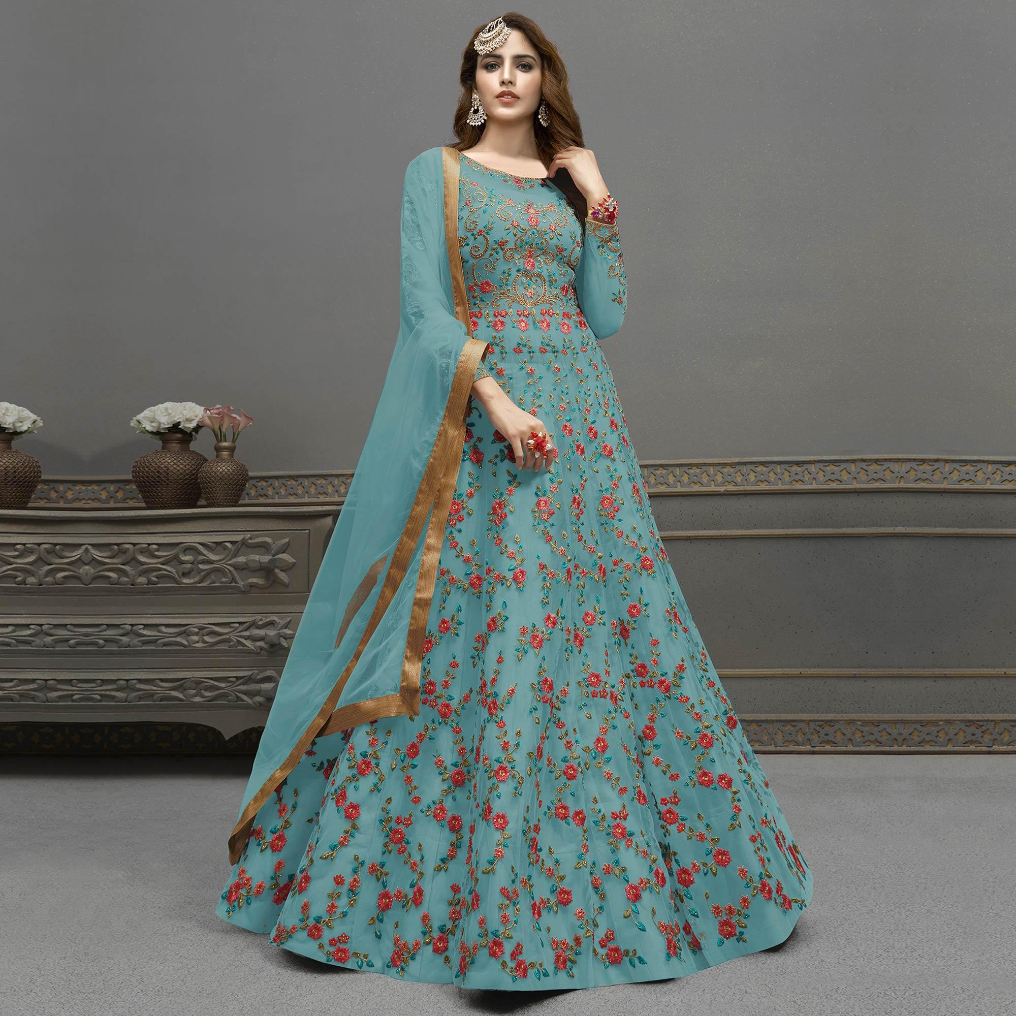 Sky Blue Embroidered Netted Anarkali Suit - Peachmode