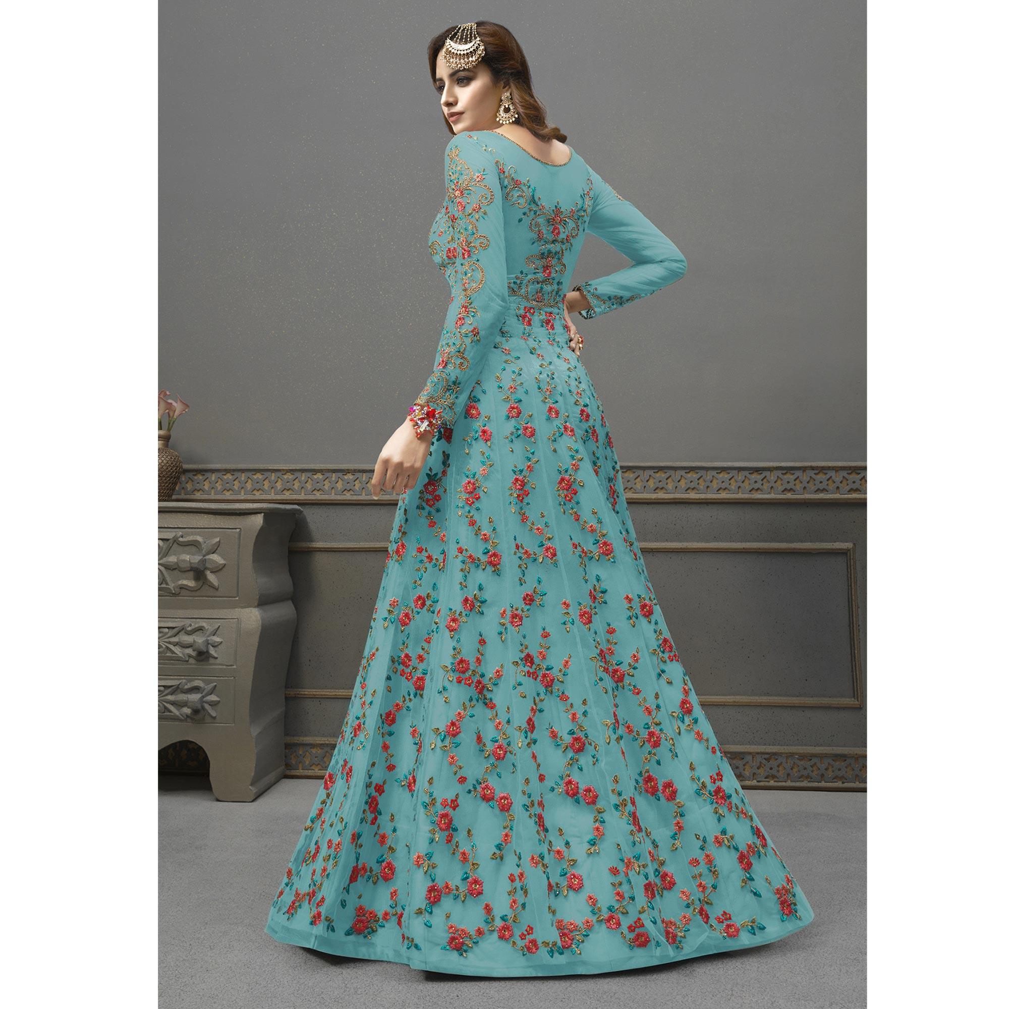 Sky Blue Embroidered Netted Anarkali Suit - Peachmode