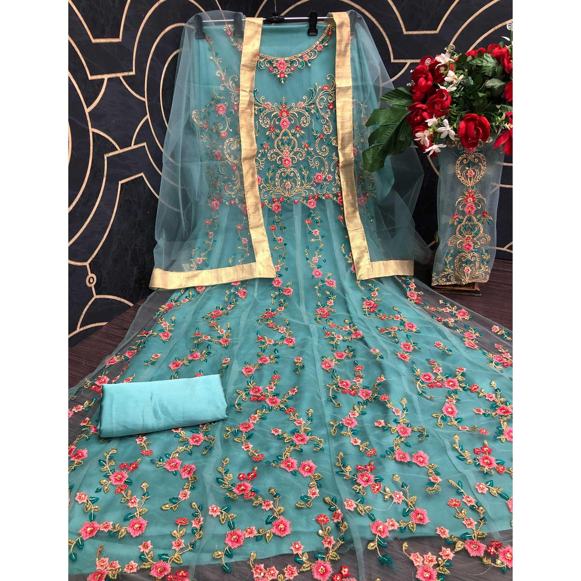 Sky Blue Embroidered Netted Anarkali Suit - Peachmode