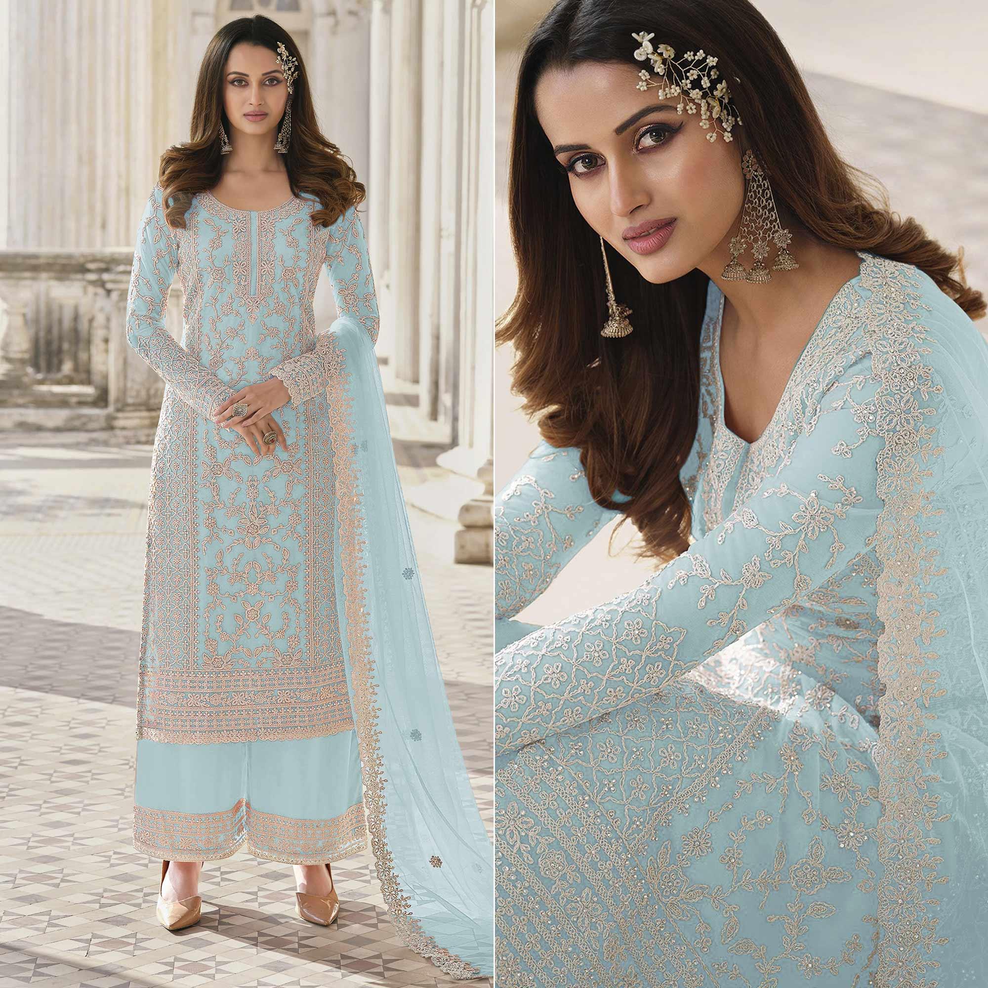 Sky Blue Embroidered Netted Palazzo Suit - Peachmode