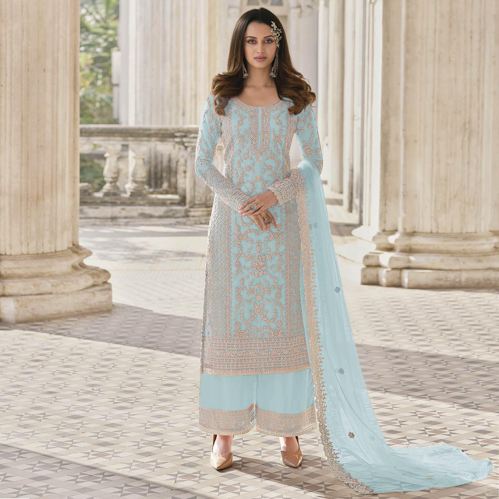 Sky Blue Embroidered Netted Palazzo Suit - Peachmode