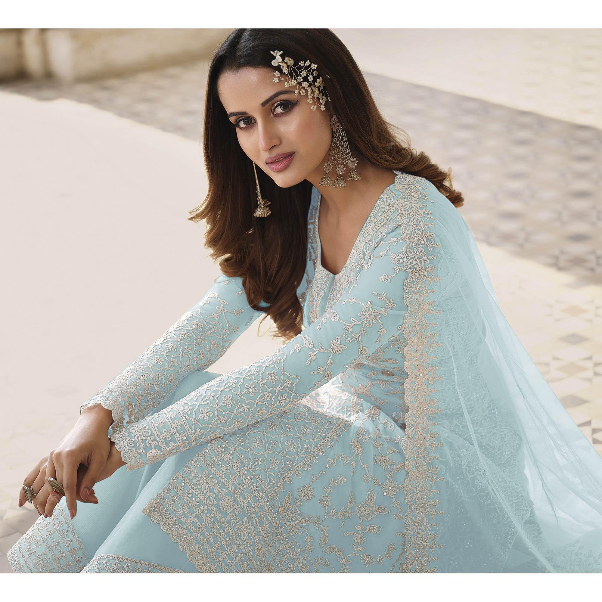 Sky Blue Embroidered Netted Palazzo Suit - Peachmode