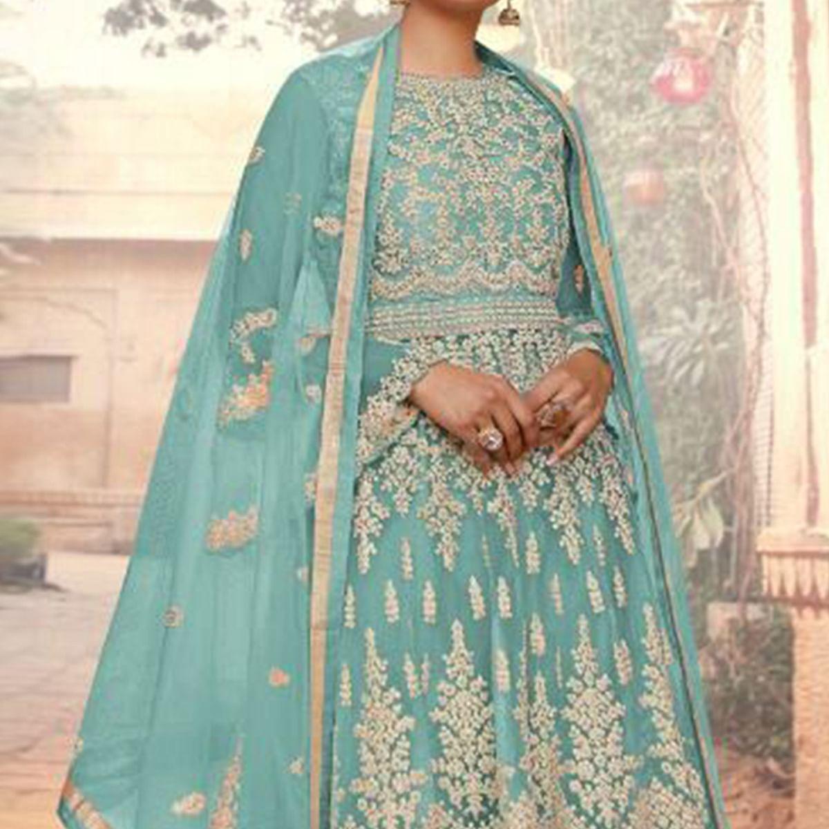 Sky Blue Embroidered Netted Sharara Suit - Peachmode