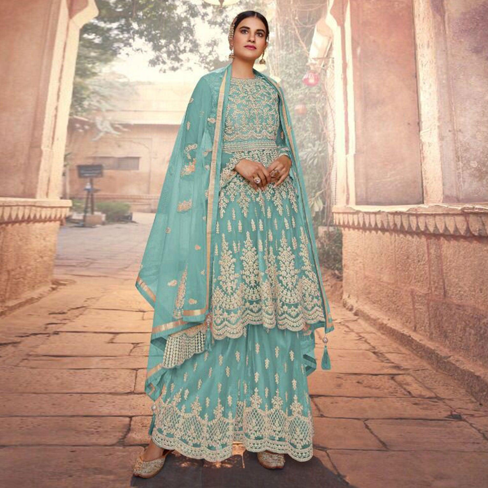 Sky Blue Embroidered Netted Sharara Suit - Peachmode
