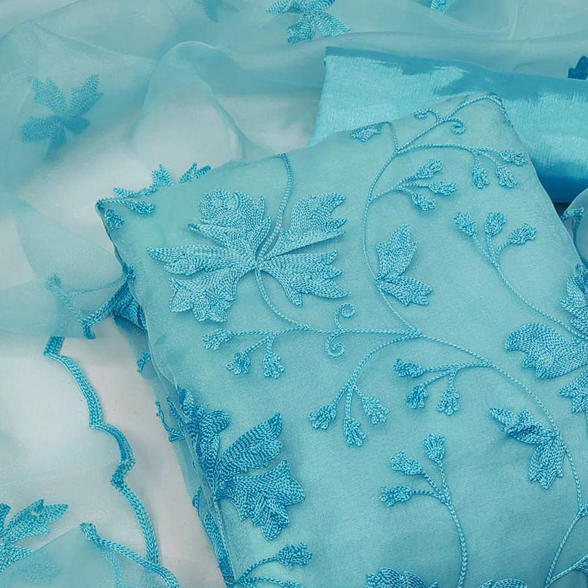 Sky Blue Embroidered Organza Dress Material - Peachmode