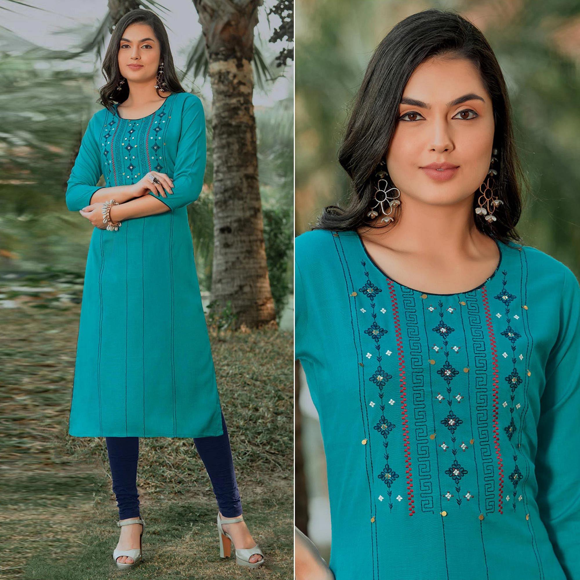 Sky Blue Embroidered Pure Cotton Kurti - Peachmode