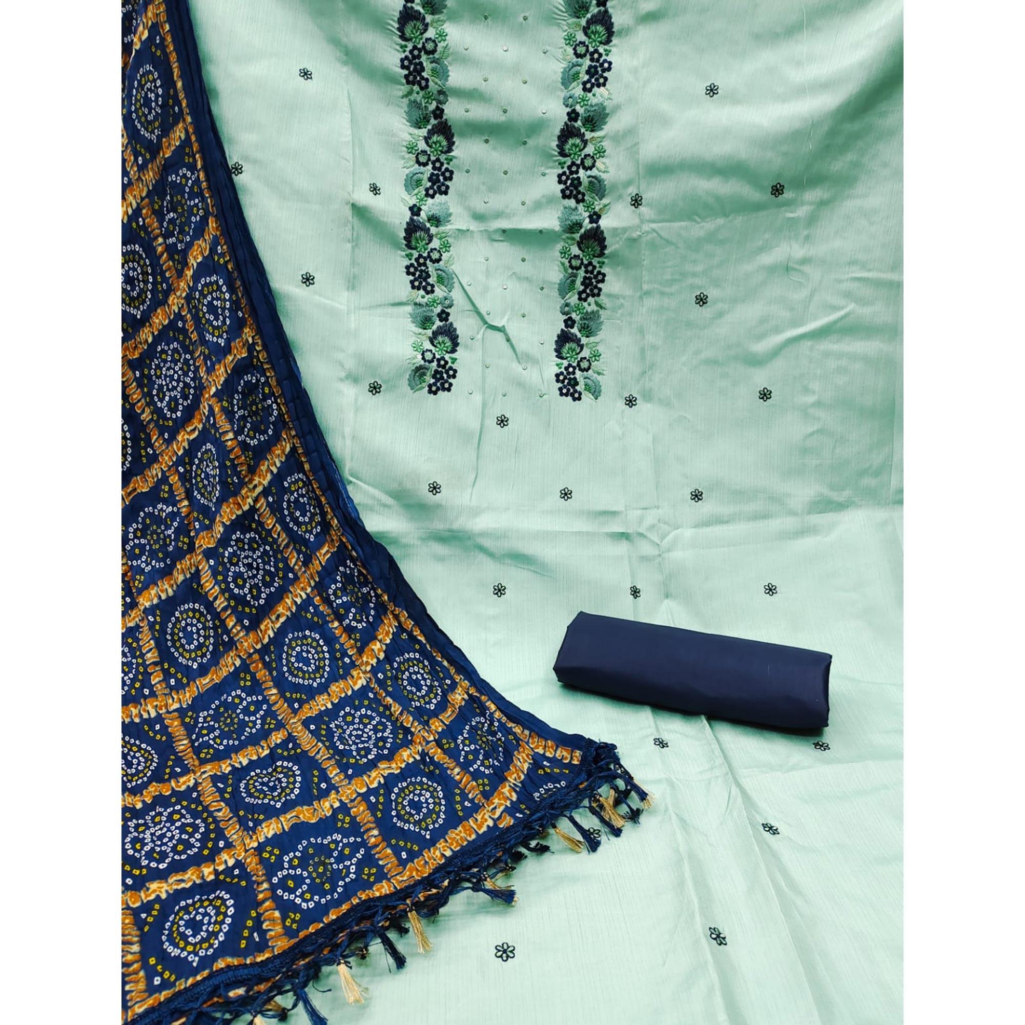 Sky Blue Embroidered Pure Silk Dress Material - Peachmode