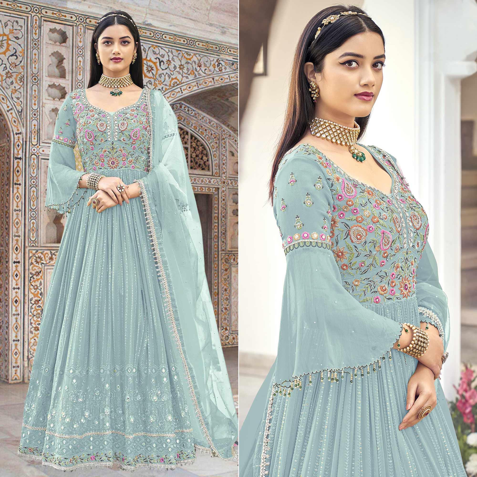 Sky Blue Embroidered With Embellished Georgette Anarkali Style Gown - Peachmode