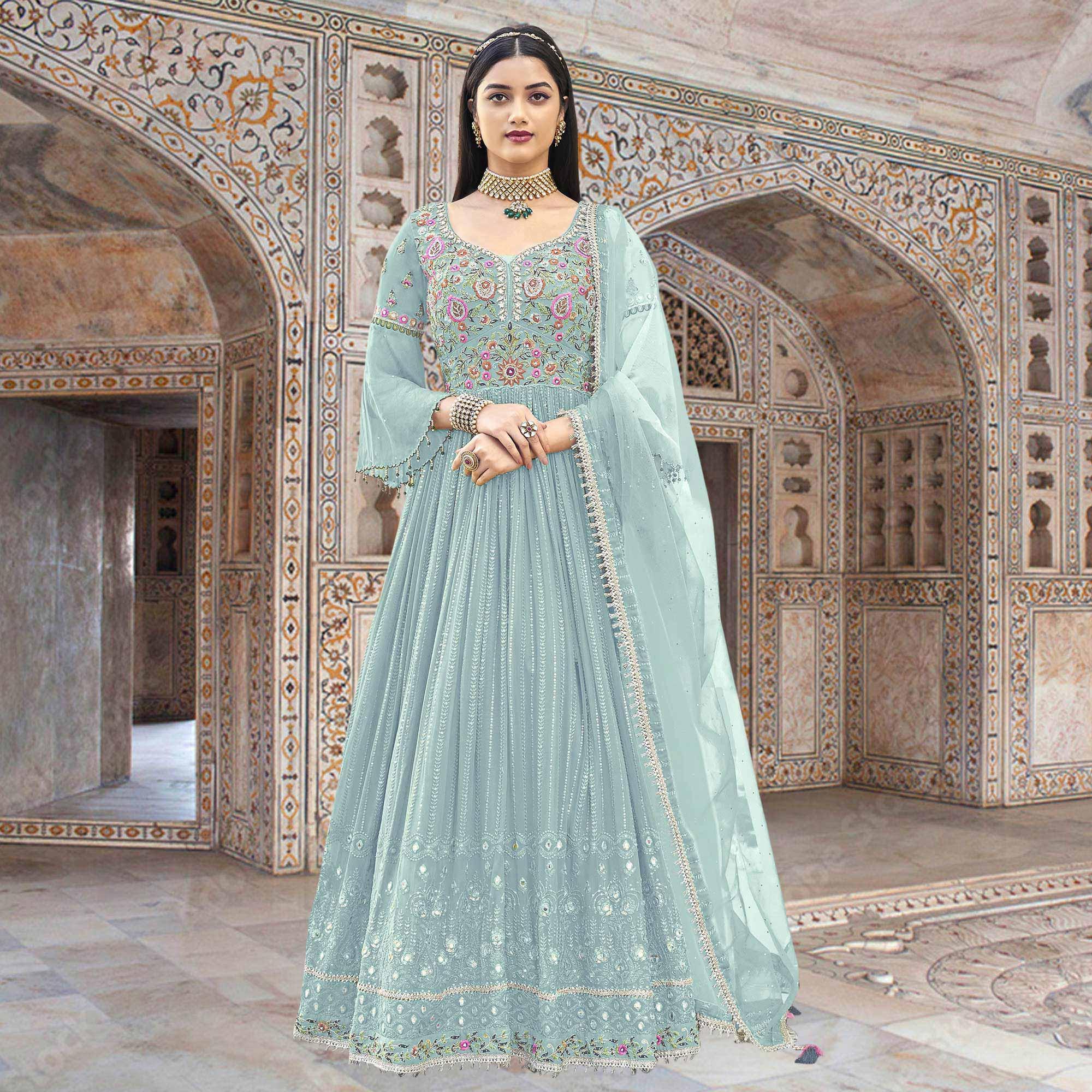 Sky Blue Embroidered With Embellished Georgette Anarkali Style Gown - Peachmode