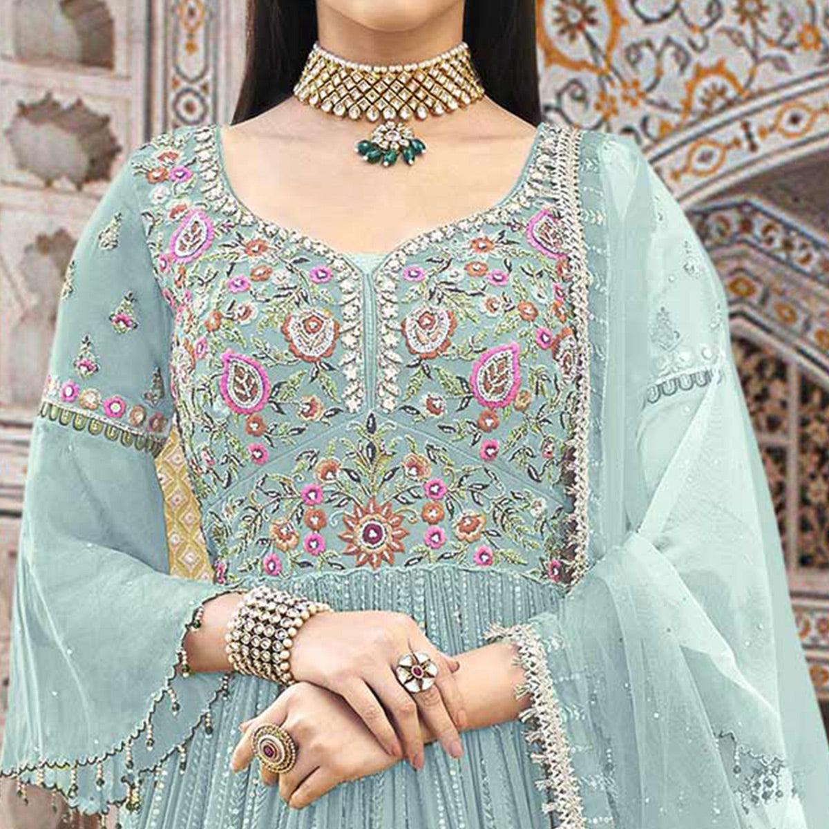 Sky Blue Embroidered With Embellished Georgette Anarkali Style Gown - Peachmode