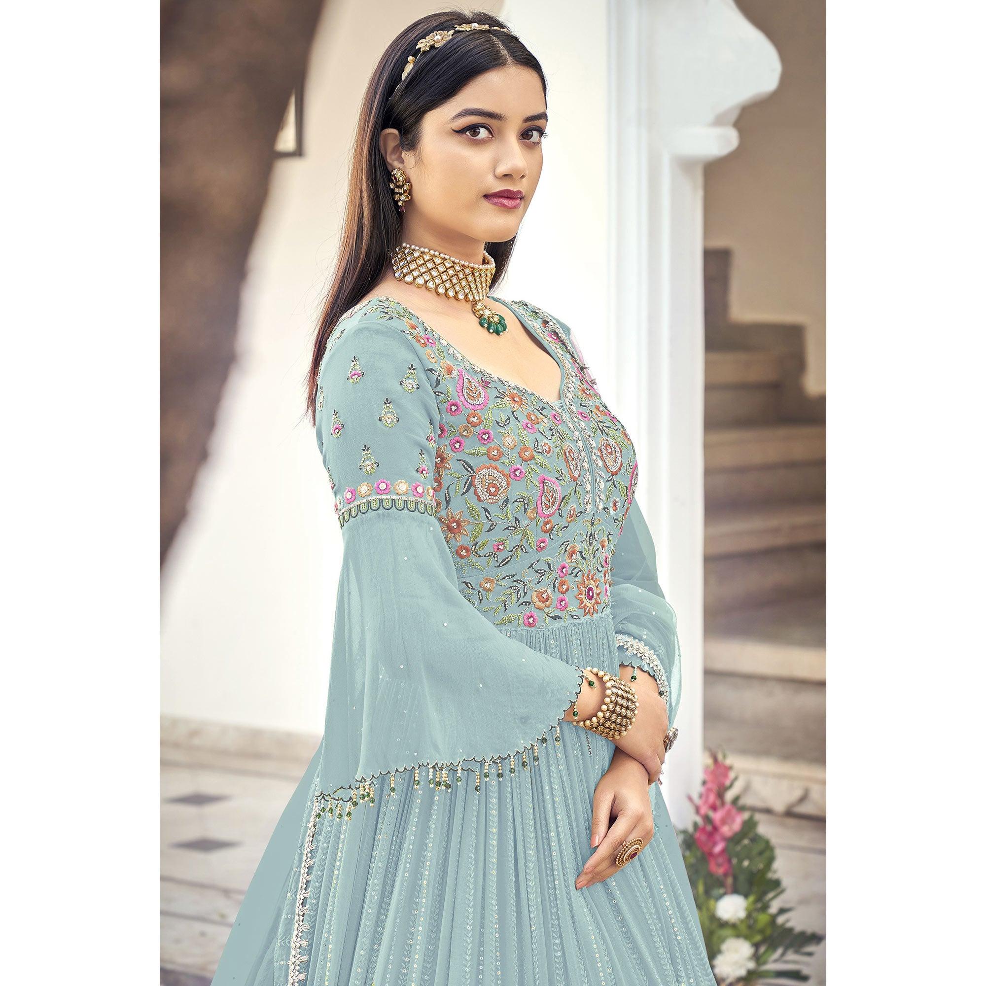 Sky Blue Embroidered With Embellished Georgette Anarkali Style Gown - Peachmode