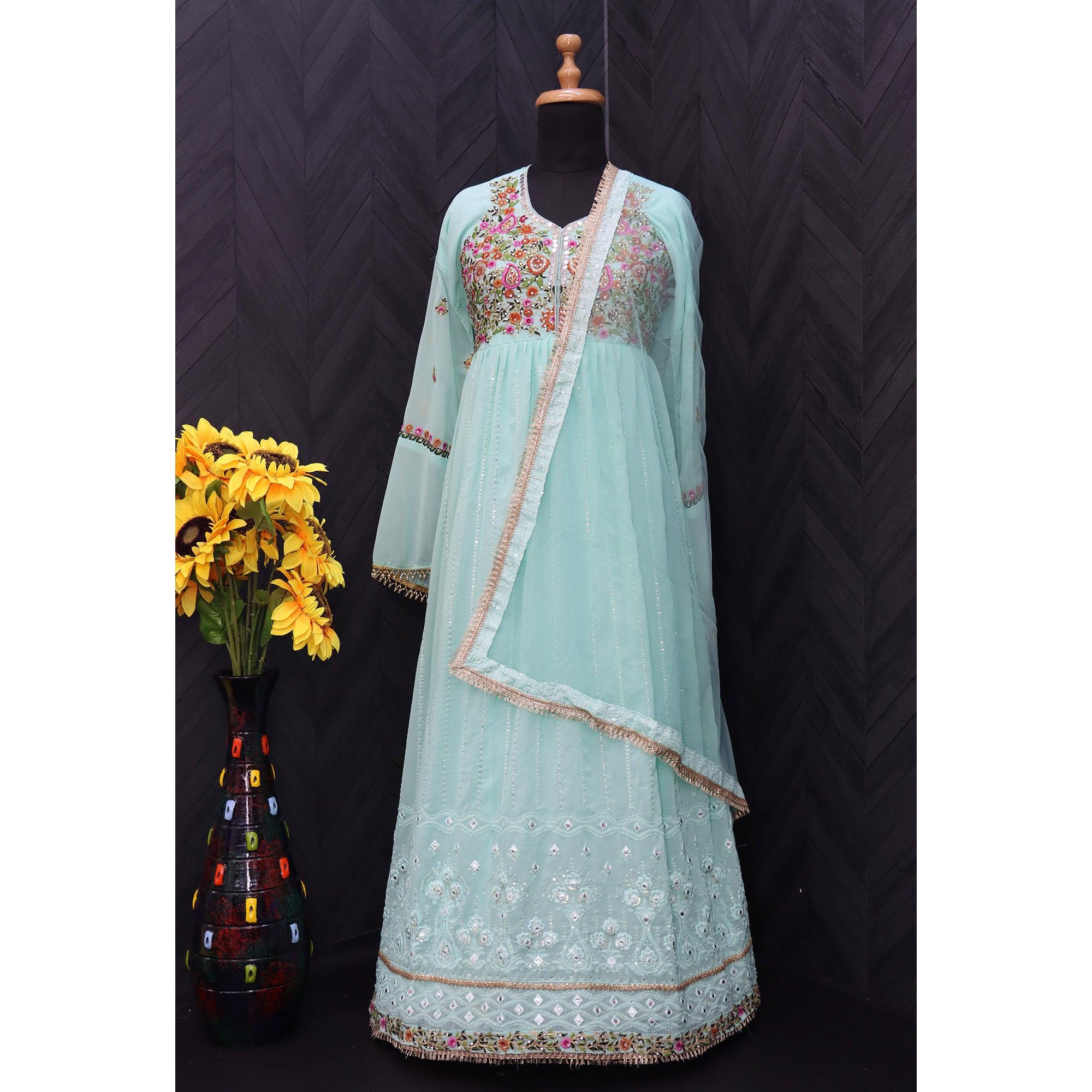 Sky Blue Embroidered With Embellished Georgette Anarkali Style Gown - Peachmode