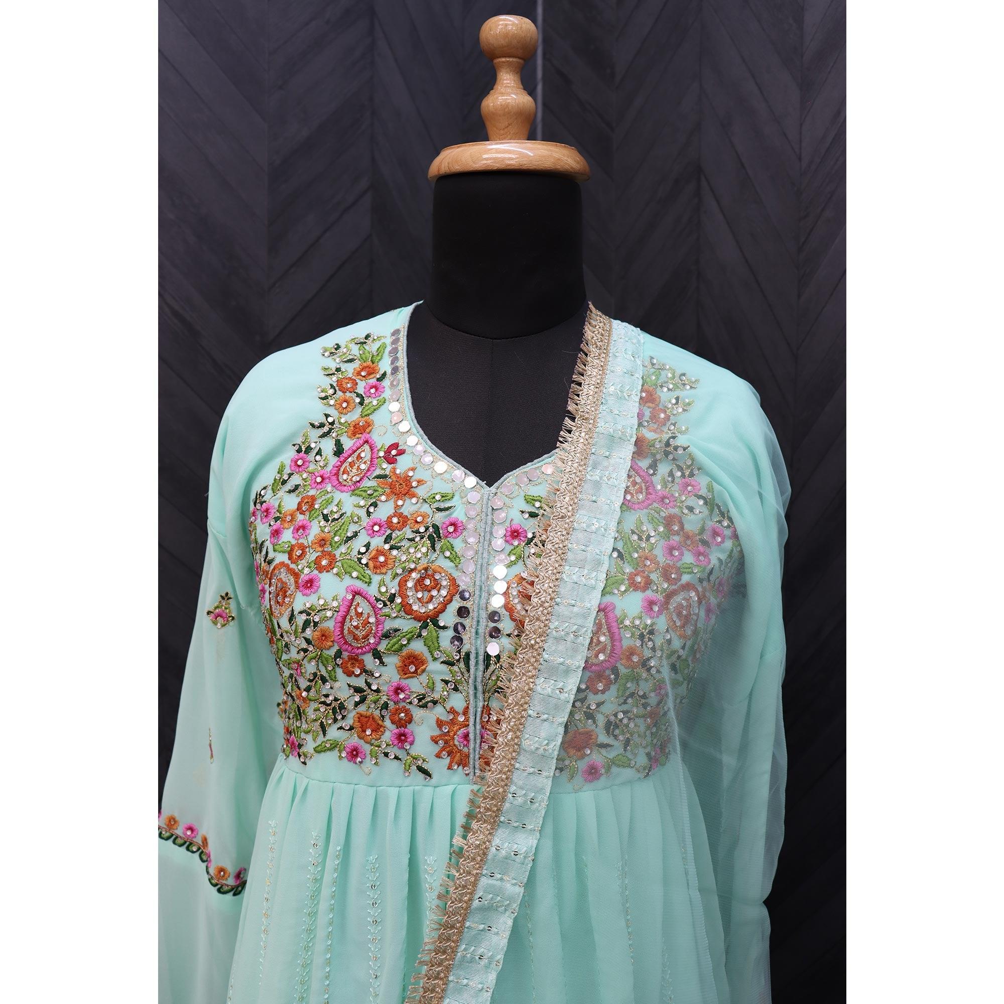 Sky Blue Embroidered With Embellished Georgette Anarkali Style Gown - Peachmode