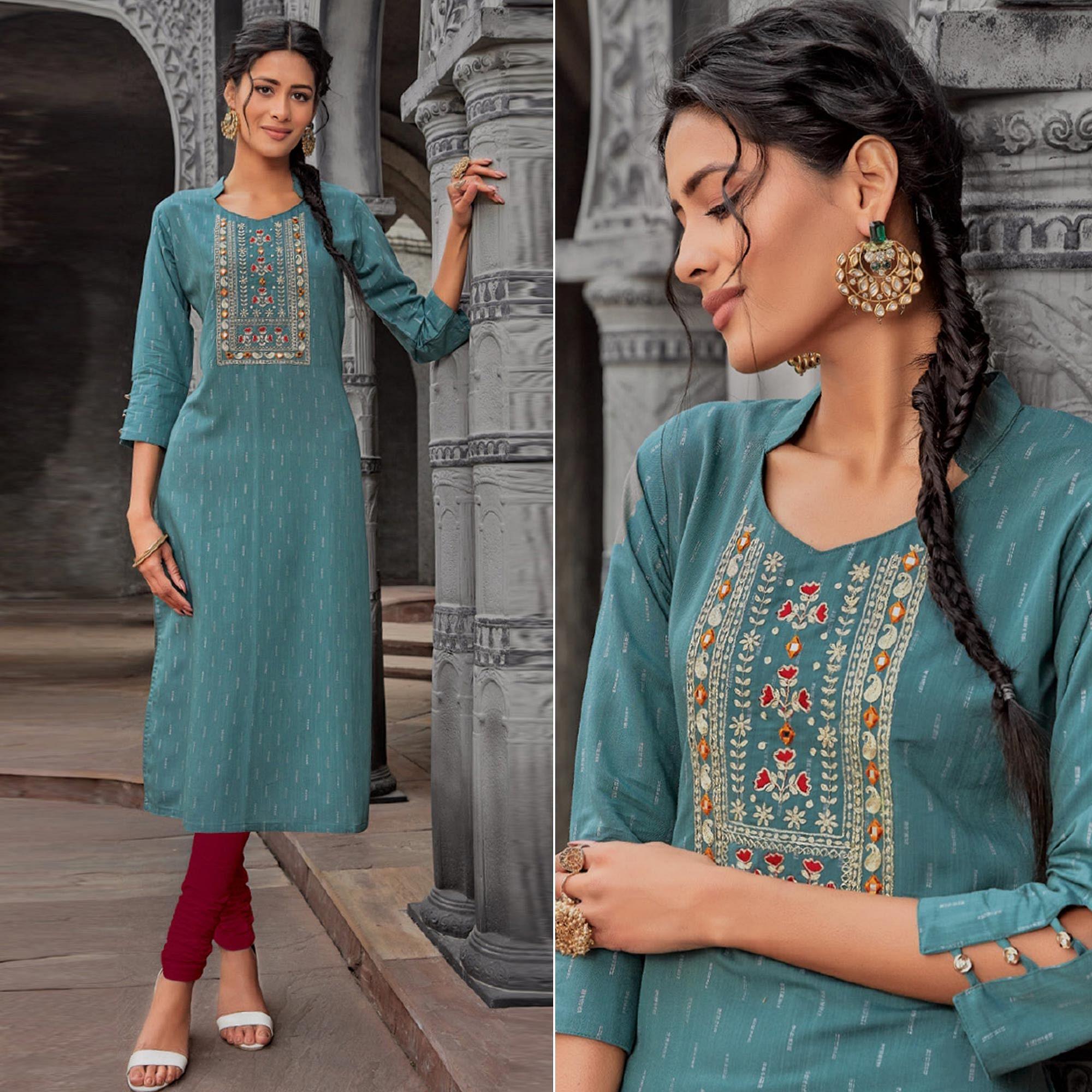 Sky Blue Embroidered With Embellished Pure Cotton Kurti - Peachmode