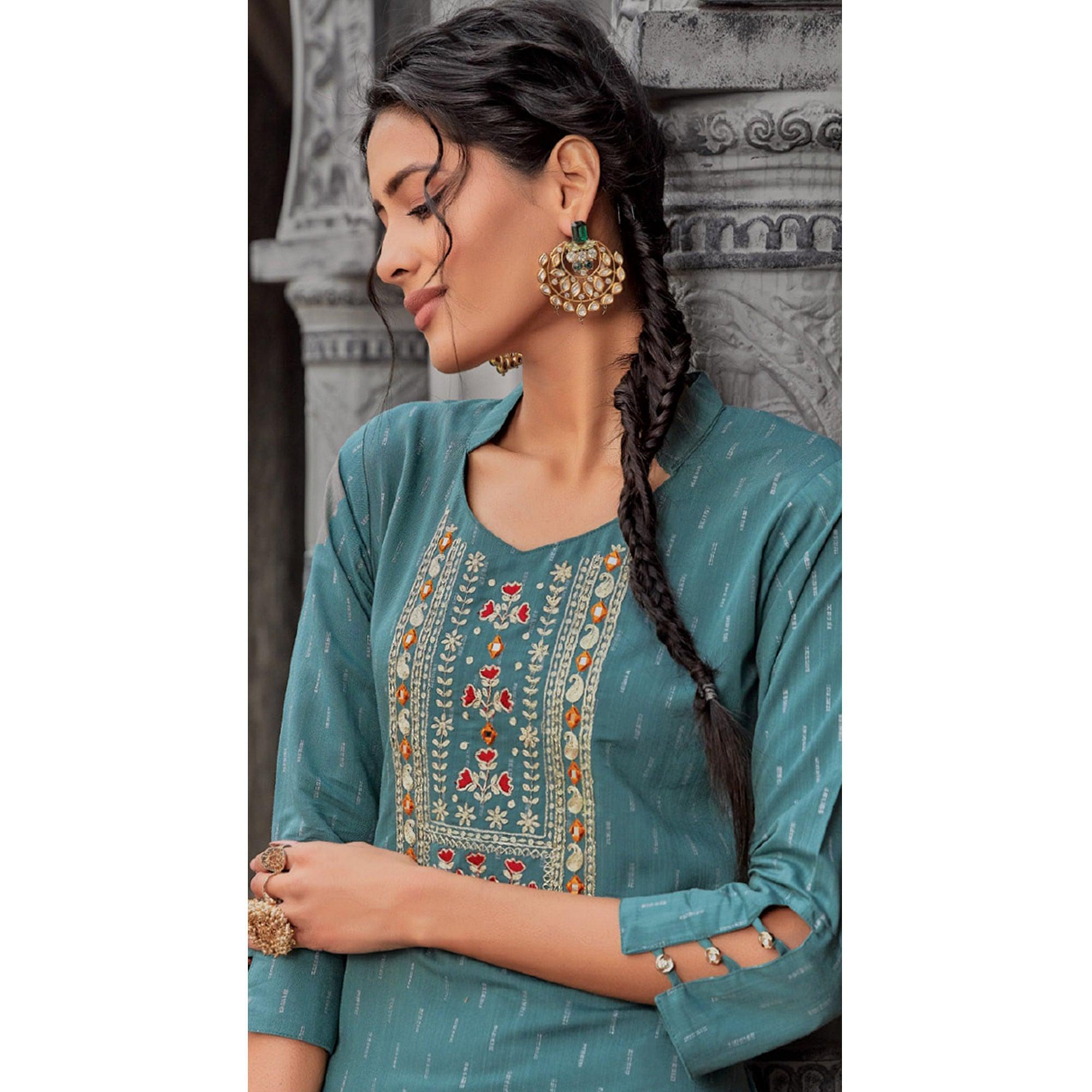 Sky Blue Embroidered With Embellished Pure Cotton Kurti - Peachmode
