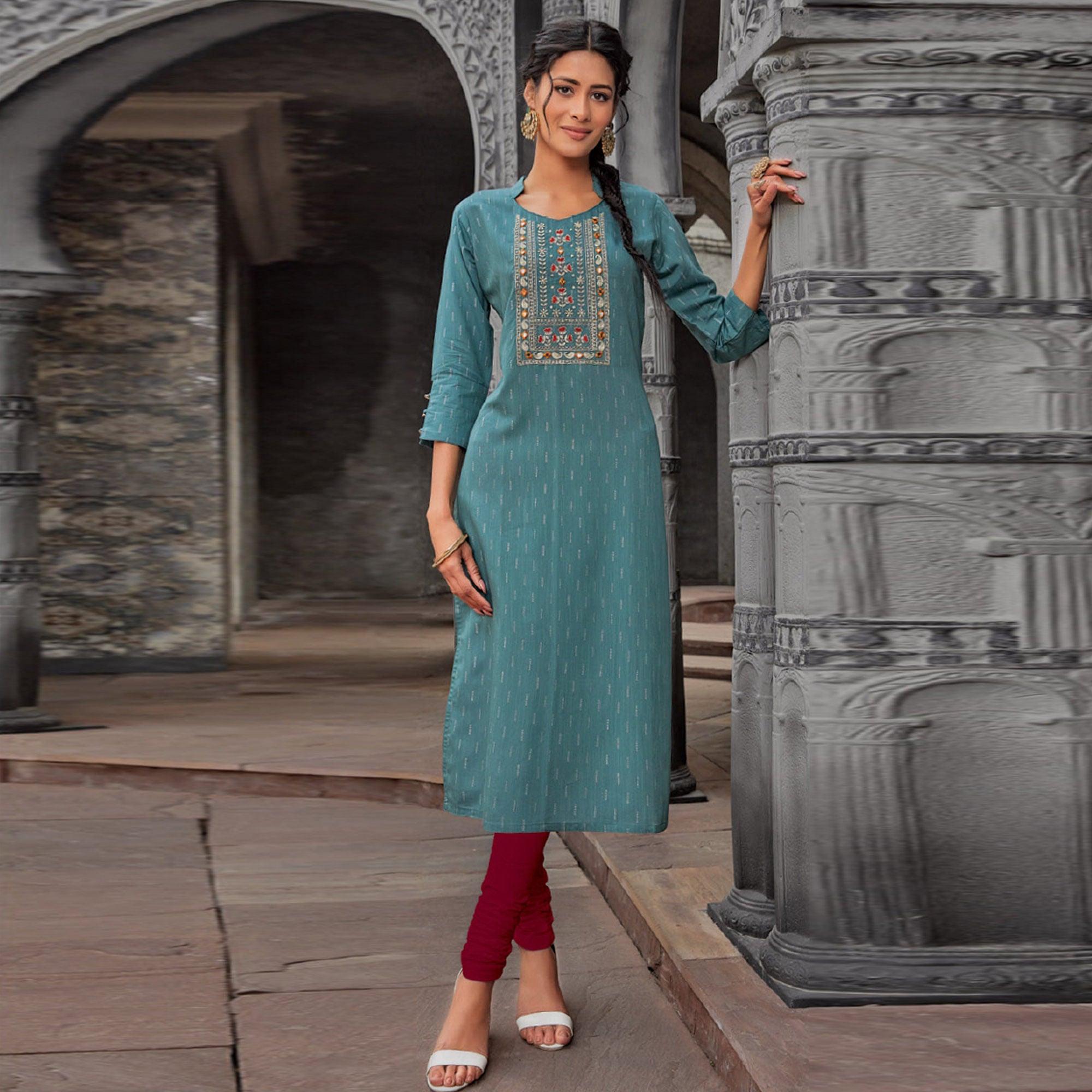 Sky Blue Embroidered With Embellished Pure Cotton Kurti - Peachmode