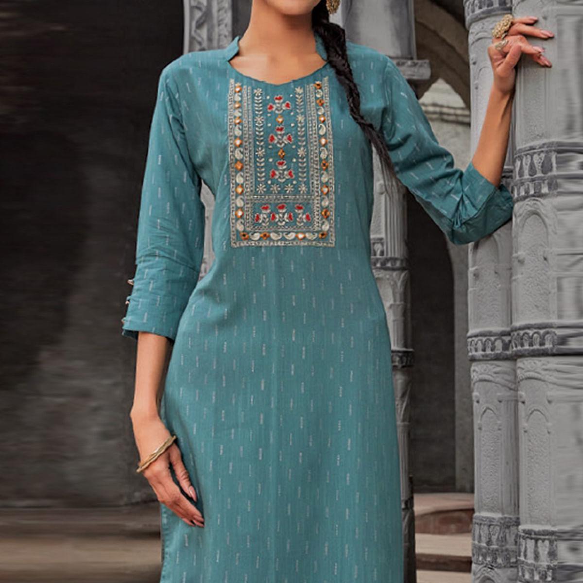 Sky Blue Embroidered With Embellished Pure Cotton Kurti - Peachmode