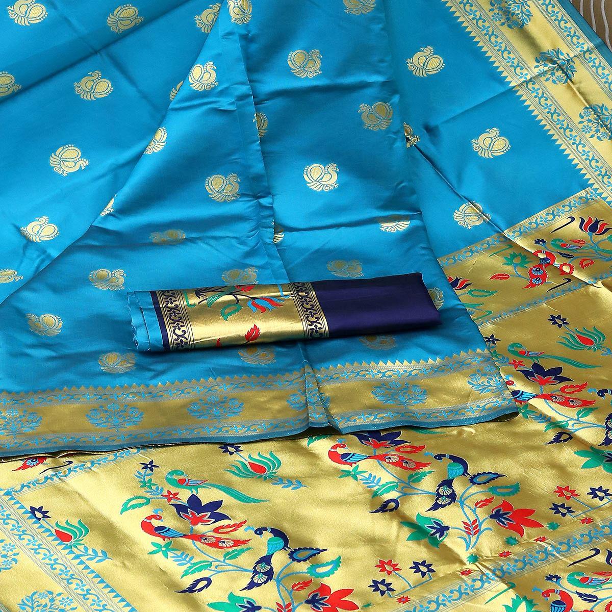 Sky Blue Festive Embroidered Banarasi Art Silk Saree - Peachmode