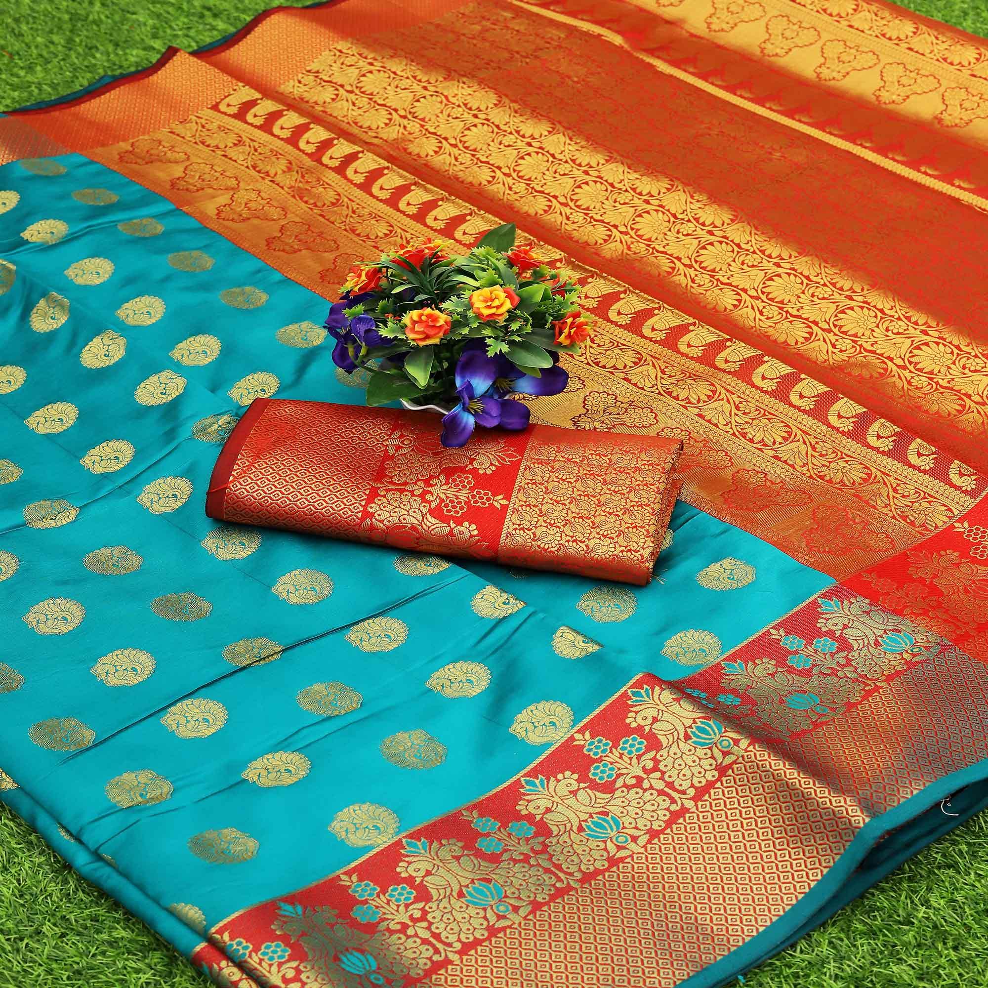 Sky Blue Festive Embroidered Kota Banarasi Art Silk Saree - Peachmode