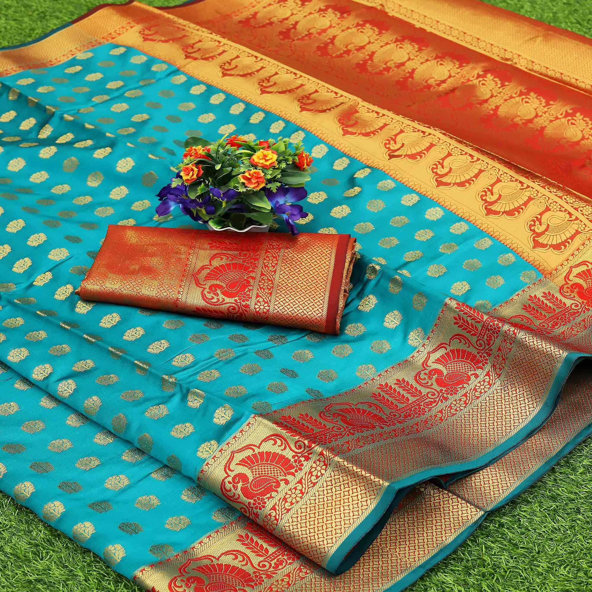 Sky Blue Festive Embroidered Kota Banarasi Art Silk Saree - Peachmode