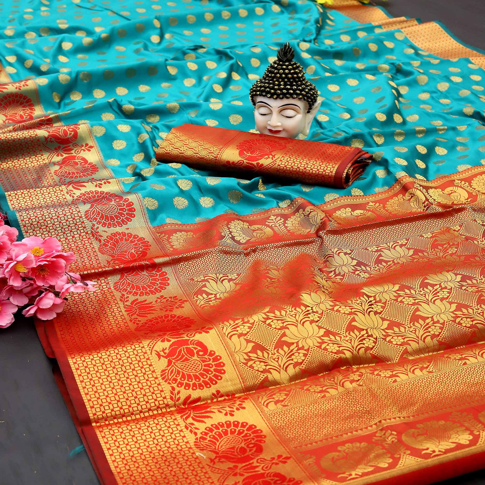 Sky Blue Festive Embroidered Kota Banarasi Art Silk Saree - Peachmode