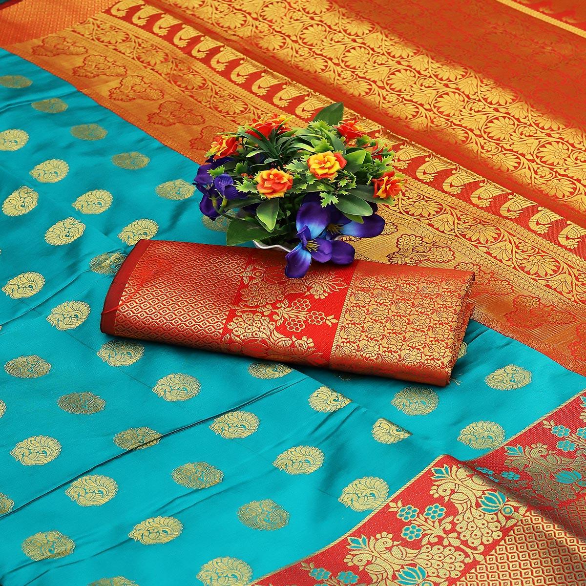 Sky Blue Festive Embroidered Kota Banarasi Art Silk Saree - Peachmode