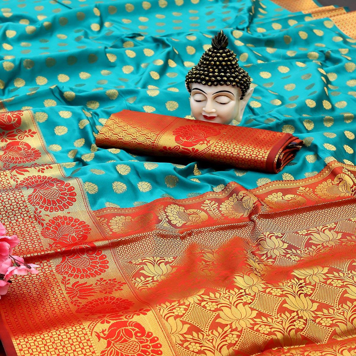Sky Blue Festive Embroidered Kota Banarasi Art Silk Saree - Peachmode