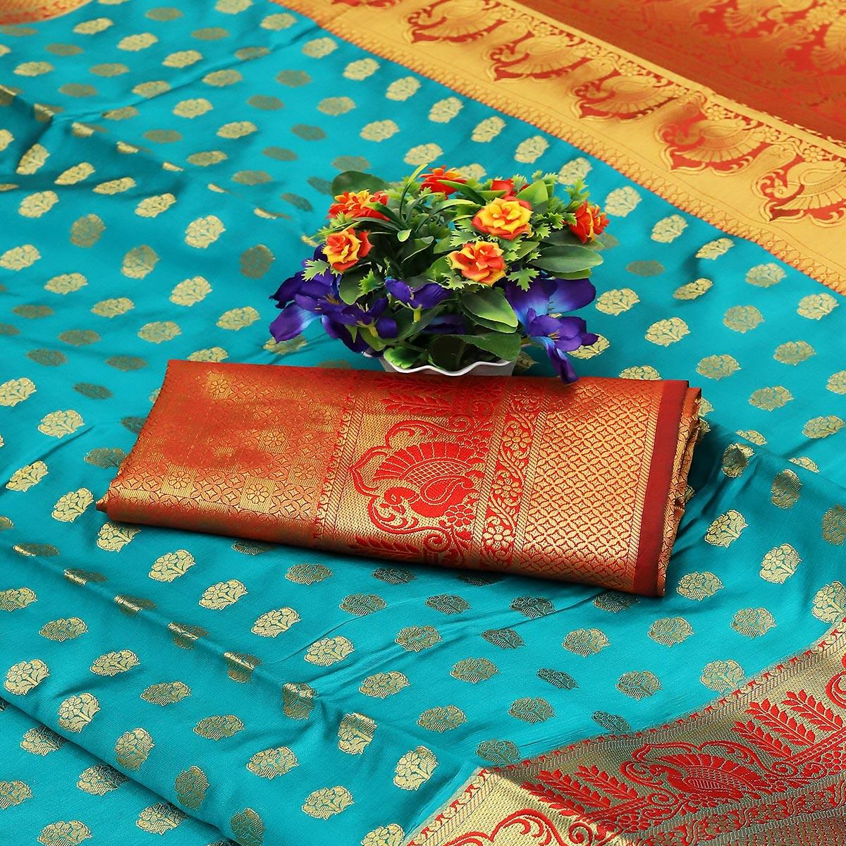 Sky Blue Festive Embroidered Kota Banarasi Art Silk Saree - Peachmode