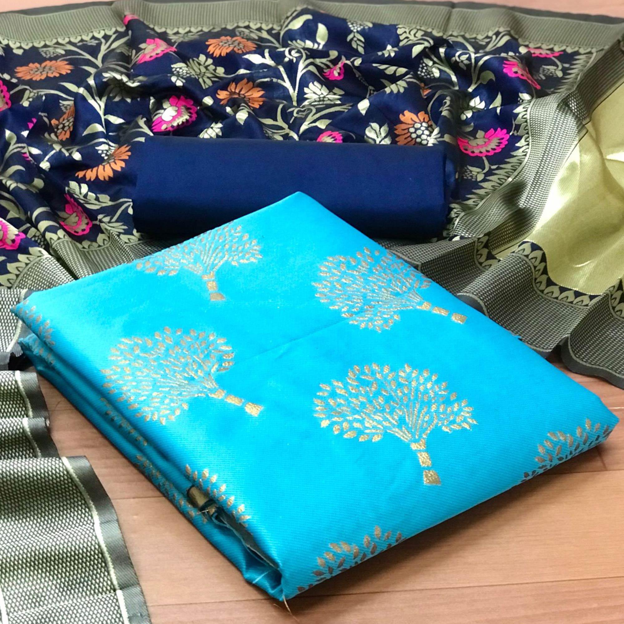Sky Blue Festive Wear Embroidered Banarasi Silk Dress Material - Peachmode