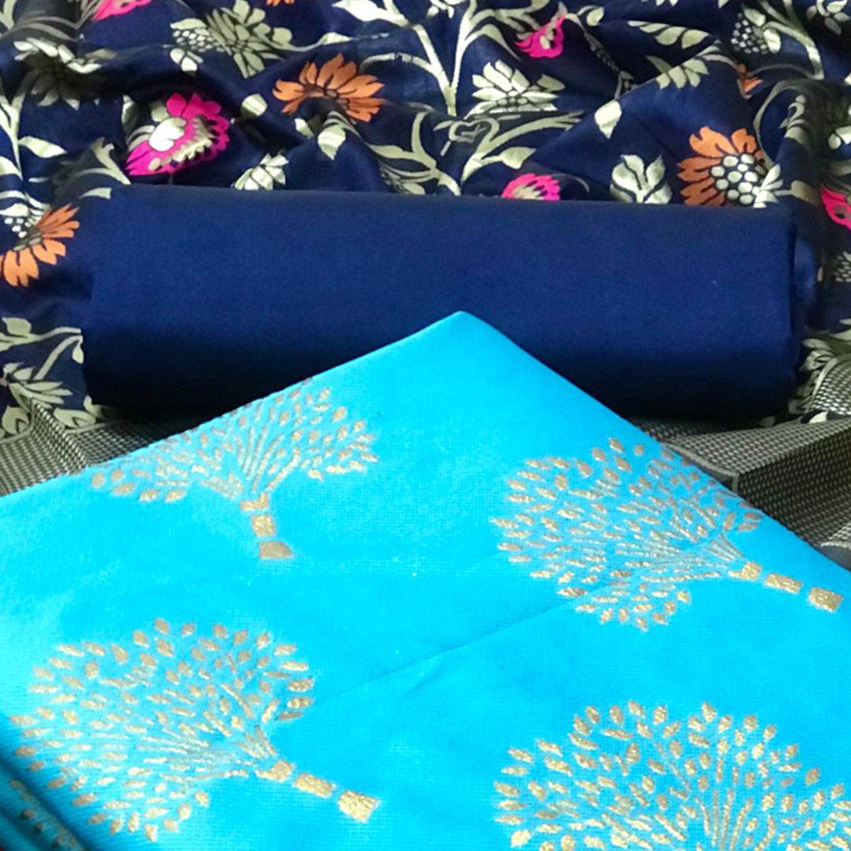 Sky Blue Festive Wear Embroidered Banarasi Silk Dress Material - Peachmode