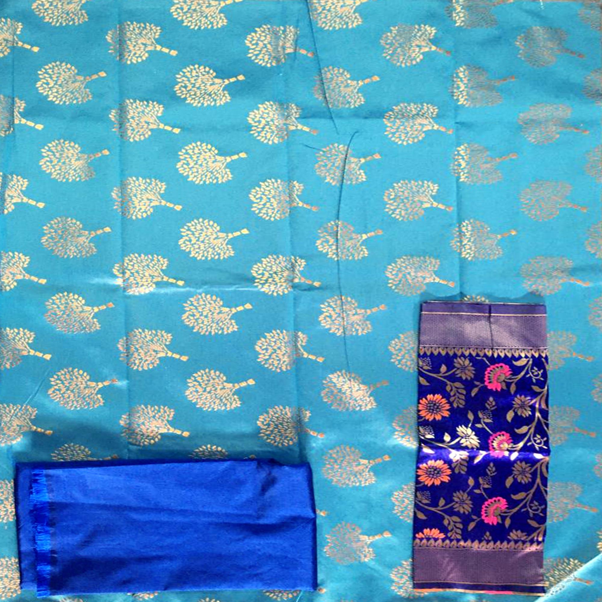 Sky Blue Festive Wear Embroidered Banarasi Silk Dress Material - Peachmode