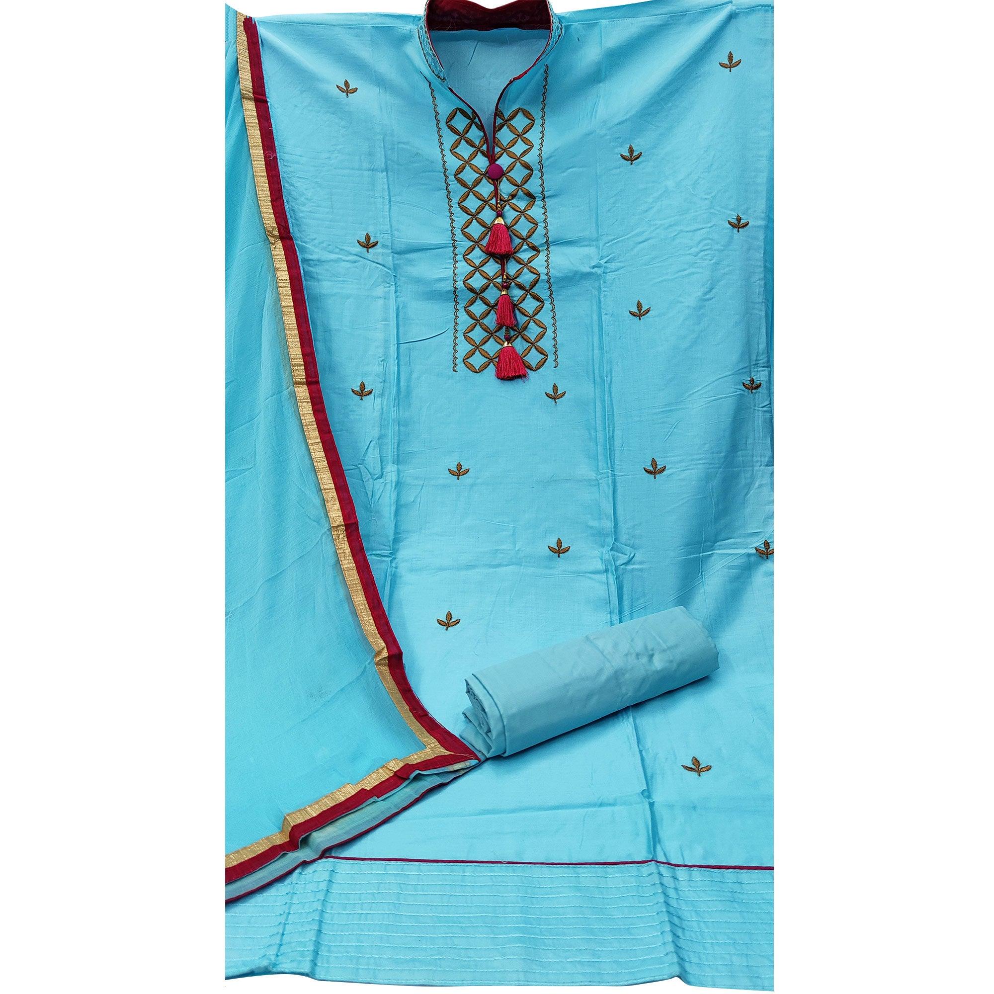 Sky Blue Festive Wear Embroidered Cotton Dress Material - Peachmode