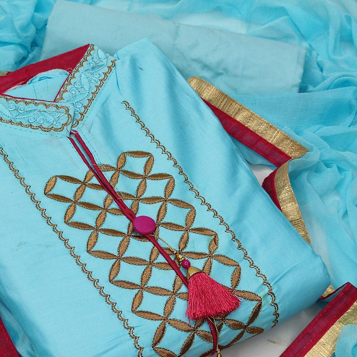 Sky Blue Festive Wear Embroidered Cotton Dress Material - Peachmode