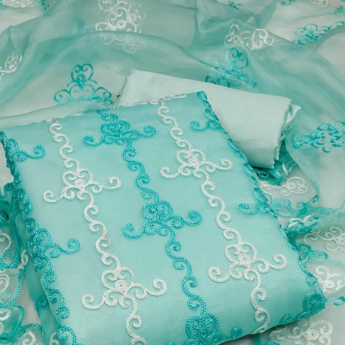 Sky Blue Festive Wear Embroidered Organza Dress Material - Peachmode