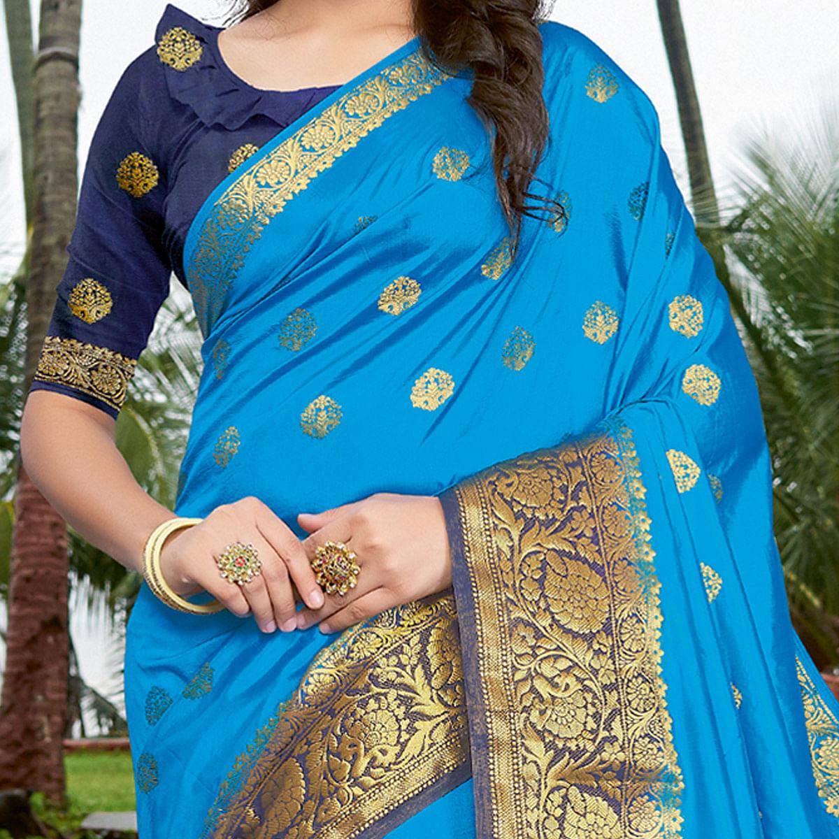 Sky Blue Festive Wear Embroidered Silk Saree - Peachmode