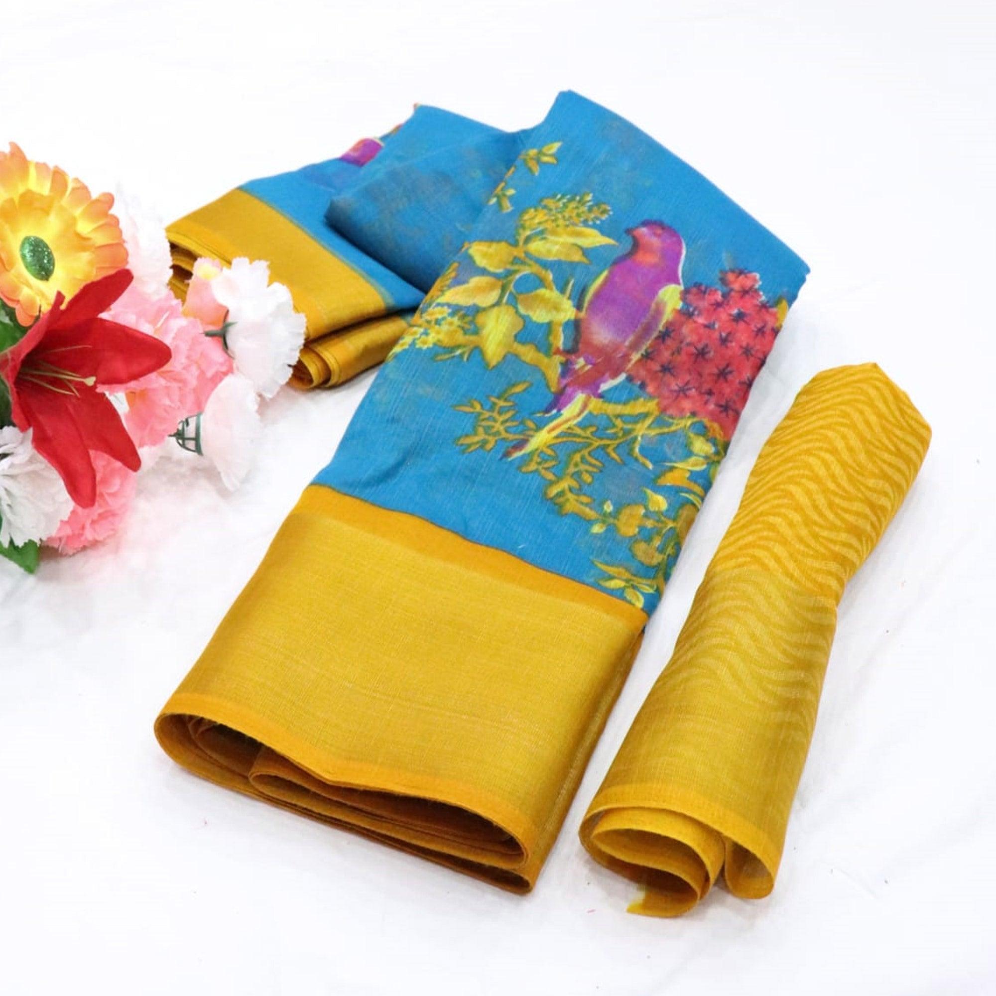 Sky Blue Festive Wear Floral Digital Print With Sonakshi Zari Border Cotton Saree - Peachmode